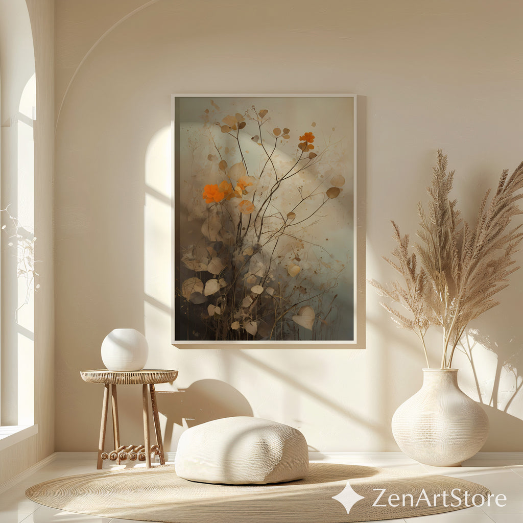 Neutral Botanical Wall Art with Orange Accent – Minimal Abstract Floral Print for Japandi, Wabi Sabi & Scandinavian Home Decor