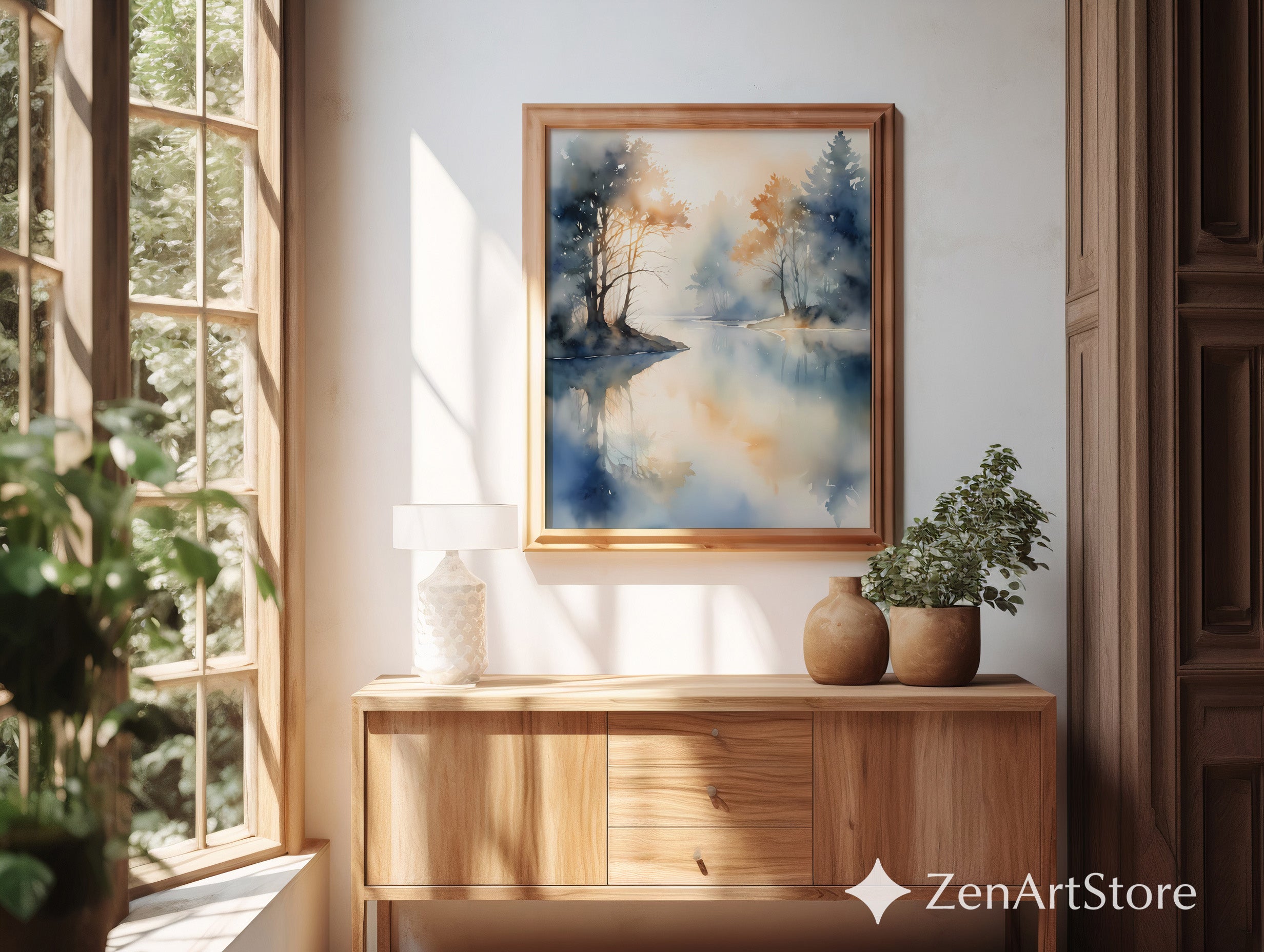 Misty Lake Watercolor Print Calm Minimalist Landscape Wall Art for Living Room Bedroom Japandi Scandinavian Decor