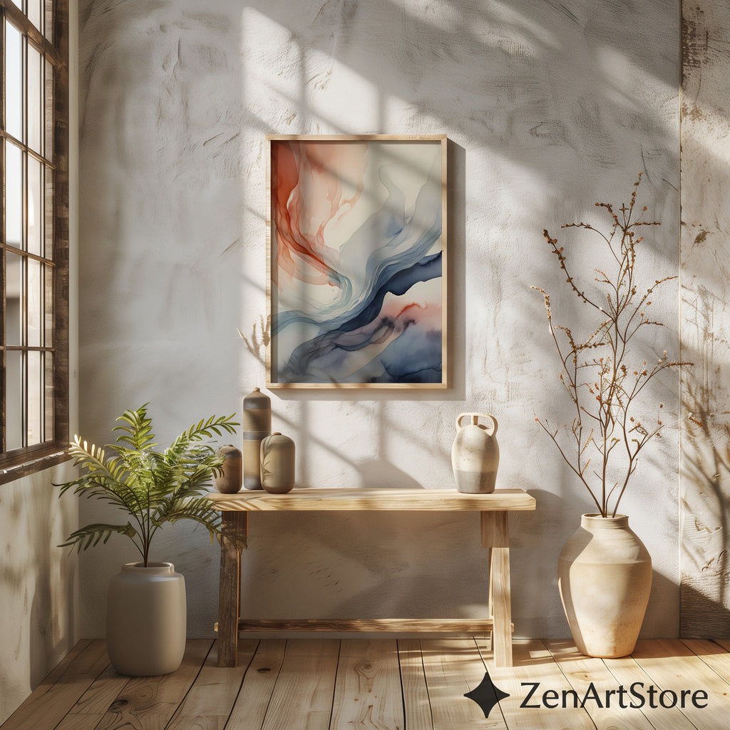 Abstract Fluid Art Print Terracotta and Blue - Minimal Japandi Wall Art, Neutral Modern Home Decor