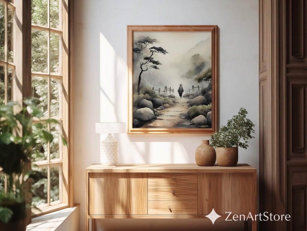Misty Japanese Pathway Zen Landscape Print - Minimal Japandi Wall Art, Neutral Sumi-e Home Decor