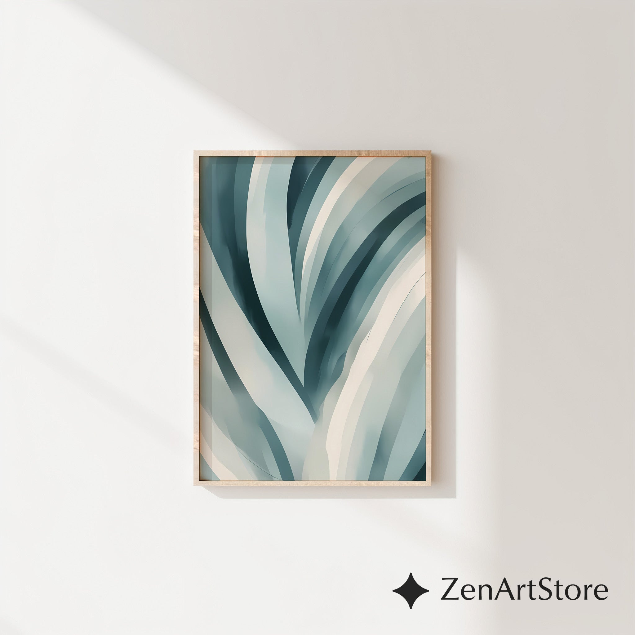 Teal Abstract Botanical Wall Art - Minimal Japandi Blue Green Print for Calm Modern Home Decor