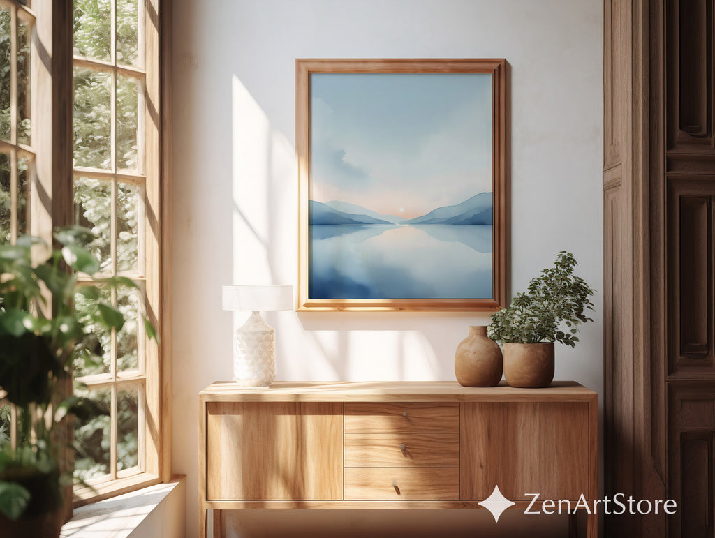 Minimal Blue Landscape Wall Art Calm Sunrise Lake Print - Japandi Scandinavian Abstract Printable & Framed Home Decor