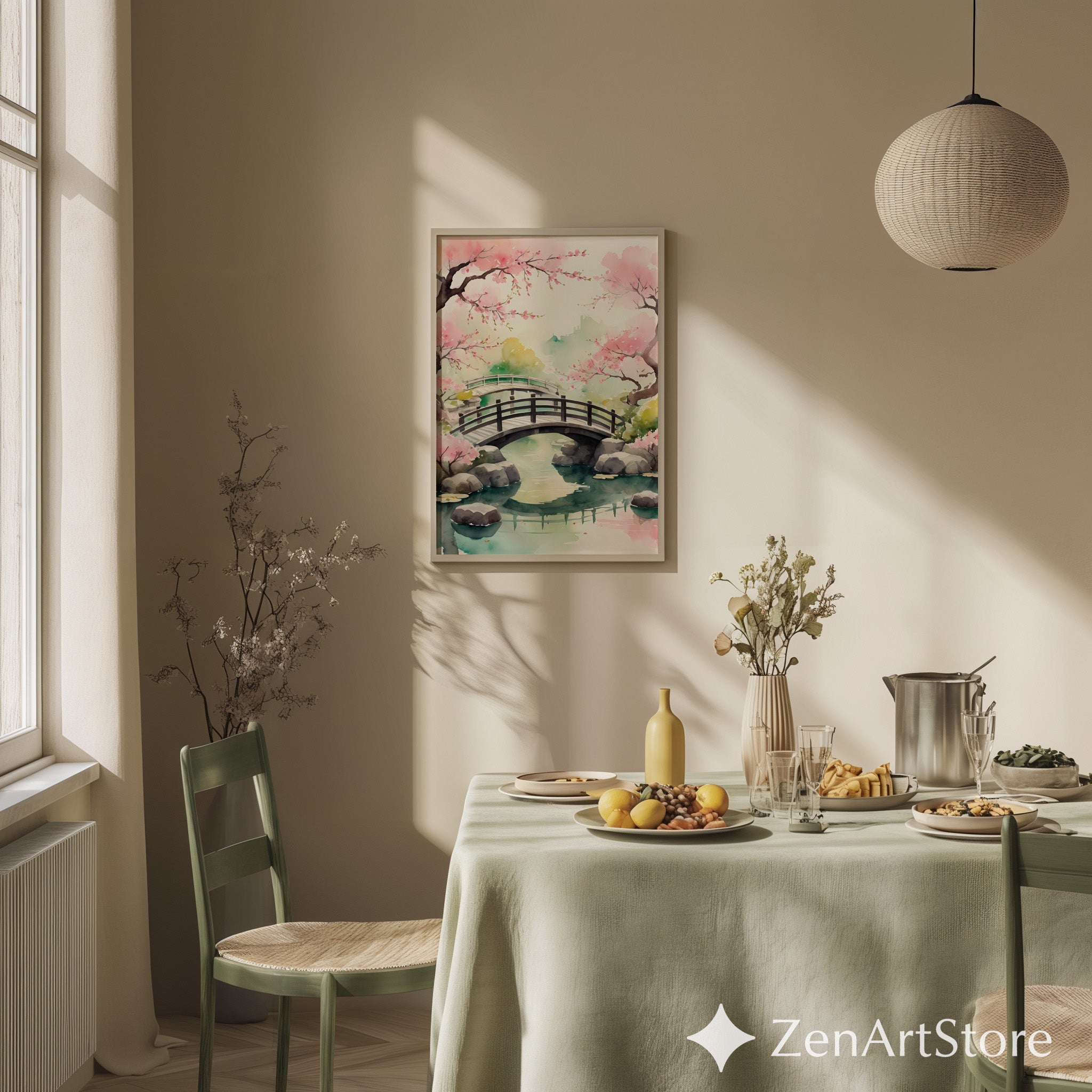 Cherry Blossom Bridge Watercolor Print - Japanese Garden Wall Art, Zen Japandi Minimalist Home Decor