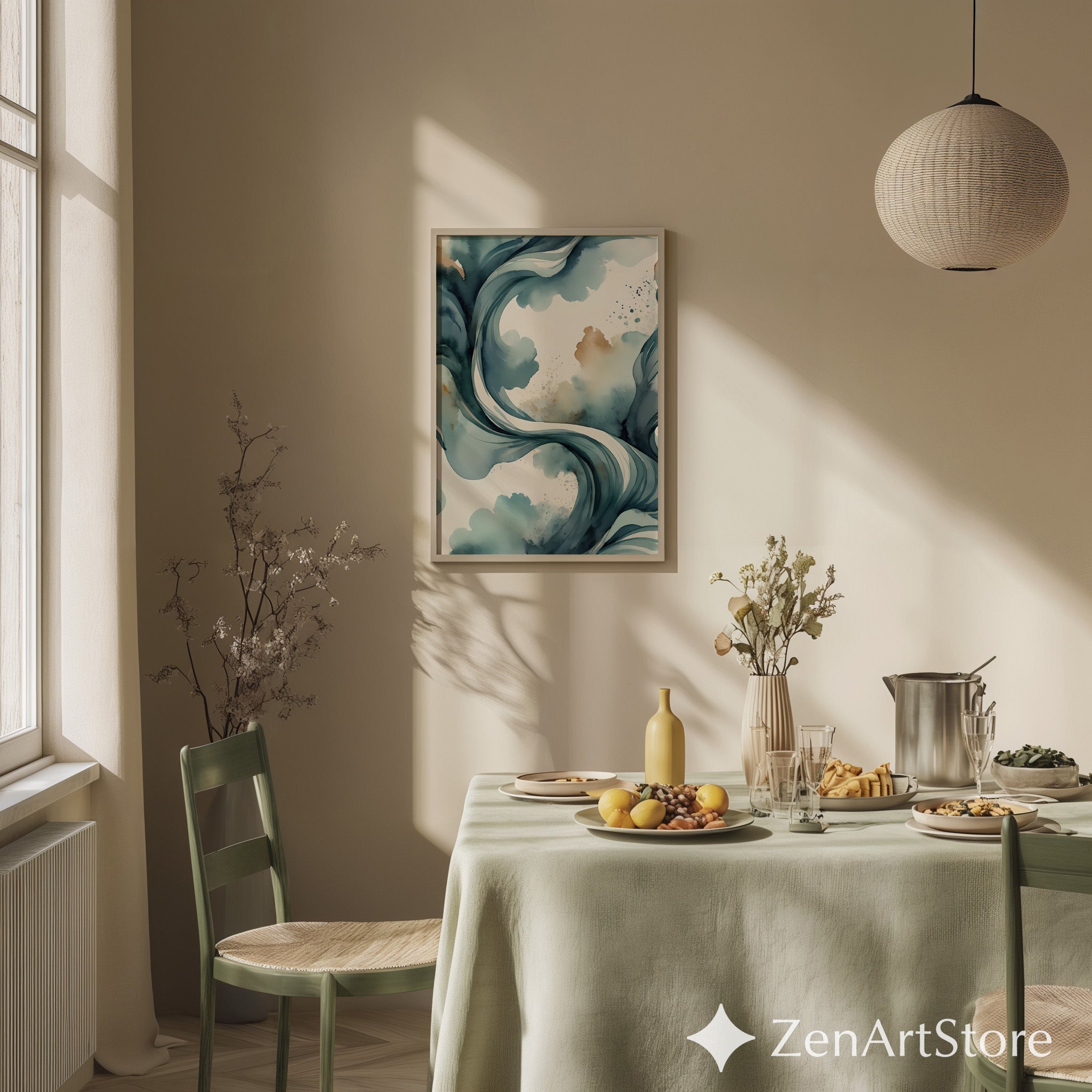 Teal Abstract Wave Wall Art - Modern Watercolor Print for Japandi, Minimalist Blue Beige Home Decor