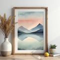 Minimal Mountain Watercolor Print - Pastel Sunset Reflection Zen Japandi Scandinavian Wall Art