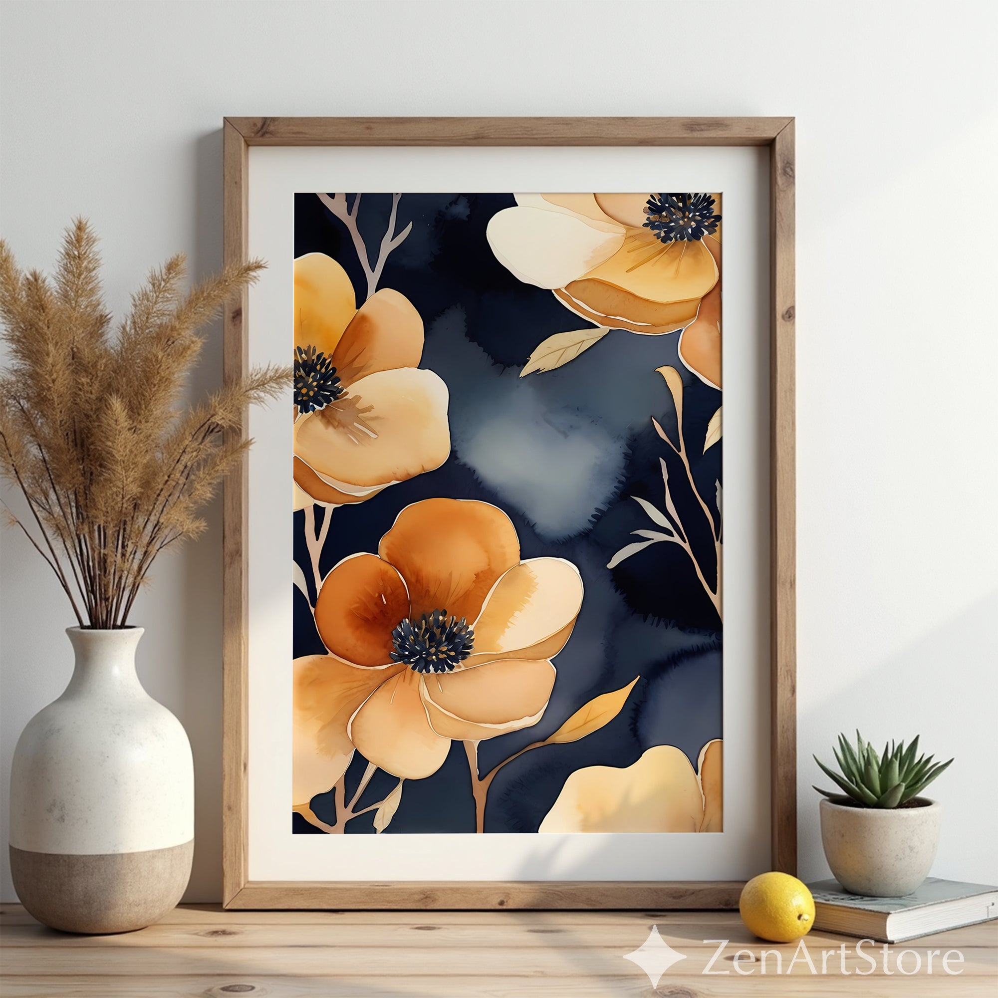 Navy and Gold Floral Wall Art Printable, Modern Botanical Watercolor Canvas, Minimalist Beige Flower Home Decor