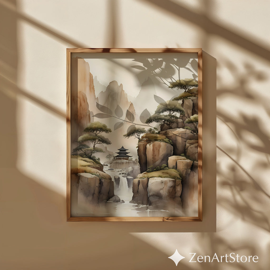 Misty Mountain Pagoda Art Print - Zen Japandi Landscape Wall Art, Neutral Beige Brown Waterfall Poster for Living Room