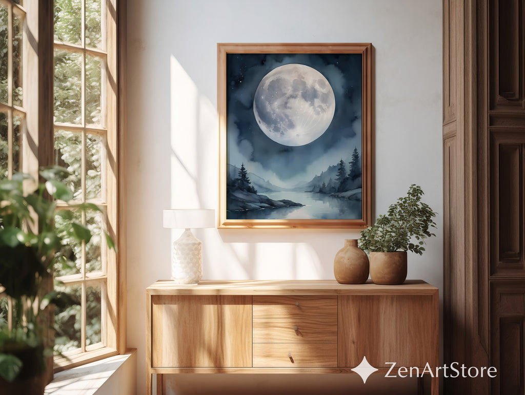 Ethereal Moonlit Lake Wall Art - Minimal Moon Landscape Print for Nordic Japandi Bedroom Decor