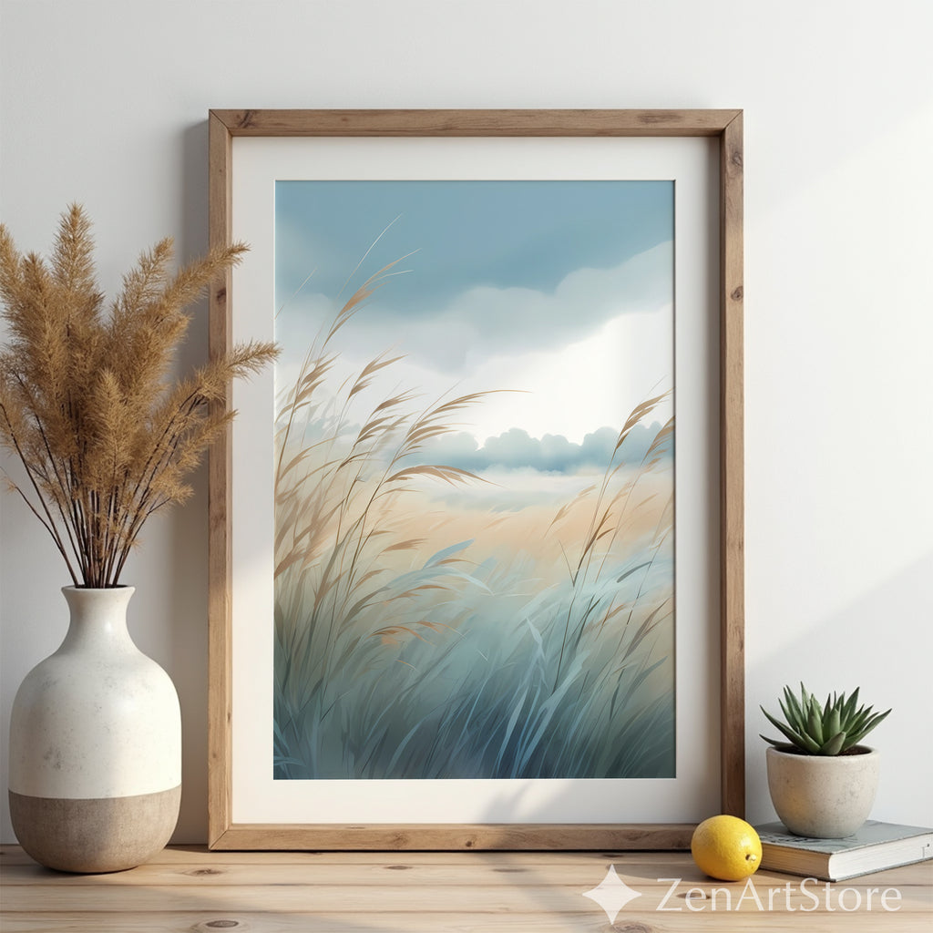 Serene Coastal Grass Landscape Print – Minimal Pastel Botanical Wall Art, Neutral Zen Decor for Living Room, Bedroom, Japandi & Boho Interiors