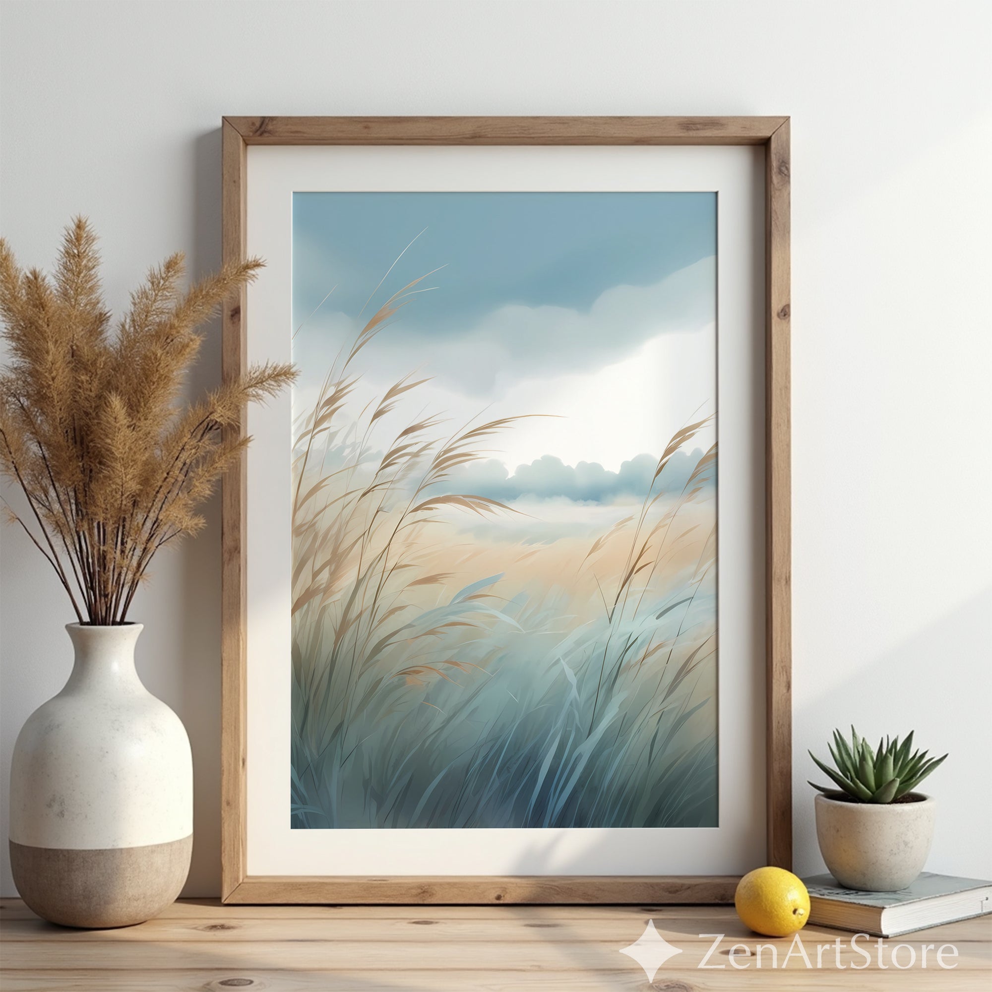 Serene Coastal Grass Landscape Print – Minimal Pastel Botanical Wall Art, Neutral Zen Decor for Living Room, Bedroom, Japandi & Boho Interiors