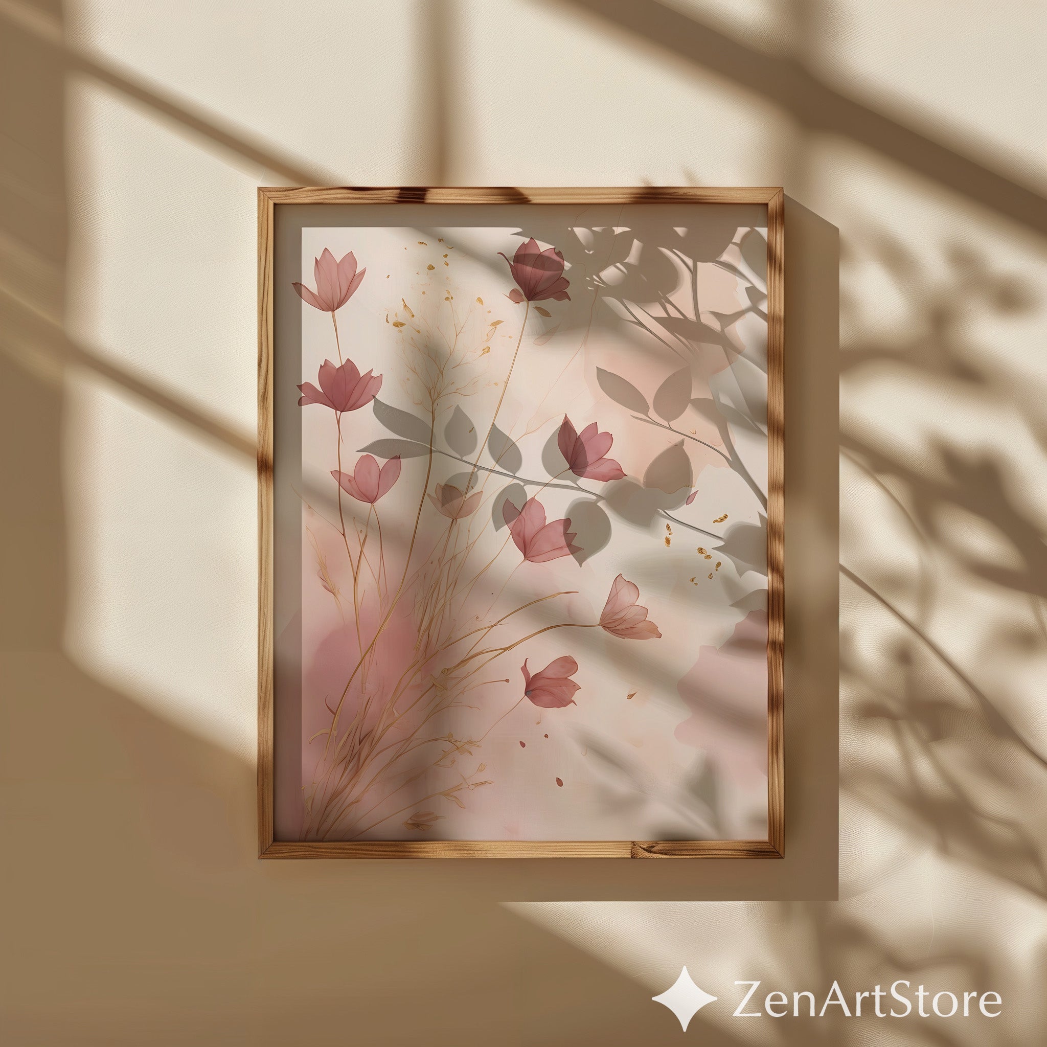 Blush Pink Floral Wall Art - Minimal Botanical Watercolor with Gold Accents | Japandi Wabi Sabi Neutral Decor