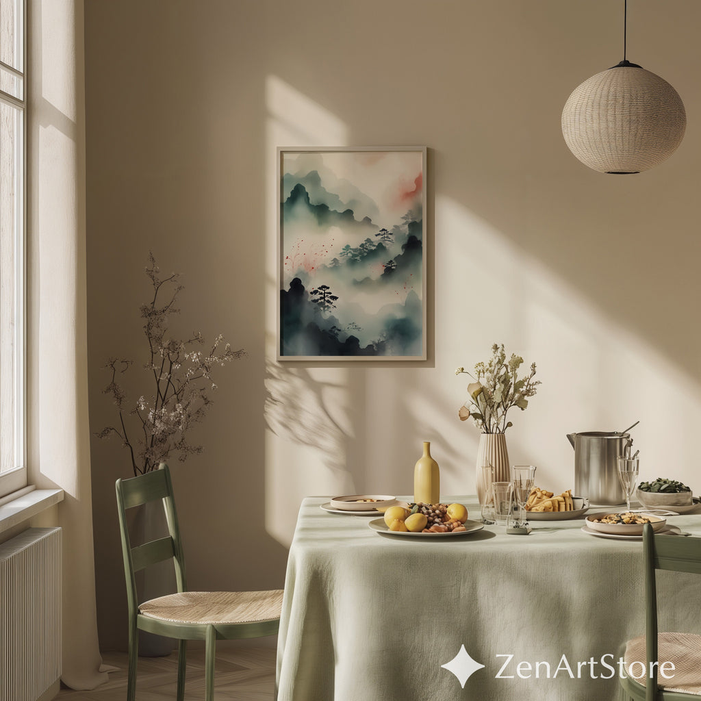 Misty Mountain Zen Landscape Print - Japandi Minimal Ink Wash Wall Art, Neutral Calm Pine Trees