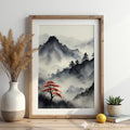 Misty Mountain Sumi-e Print with Red Maple – Zen Minimal Japandi Wall Art, Neutral Wabi-Sabi Landscape for Living Room