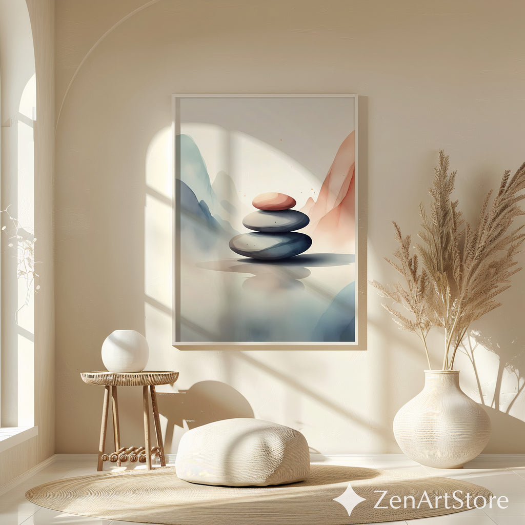 Zen Stone Stack Wall Art - Minimal Neutral Abstract Landscape Print, Japandi Wabi Sabi Home Decor
