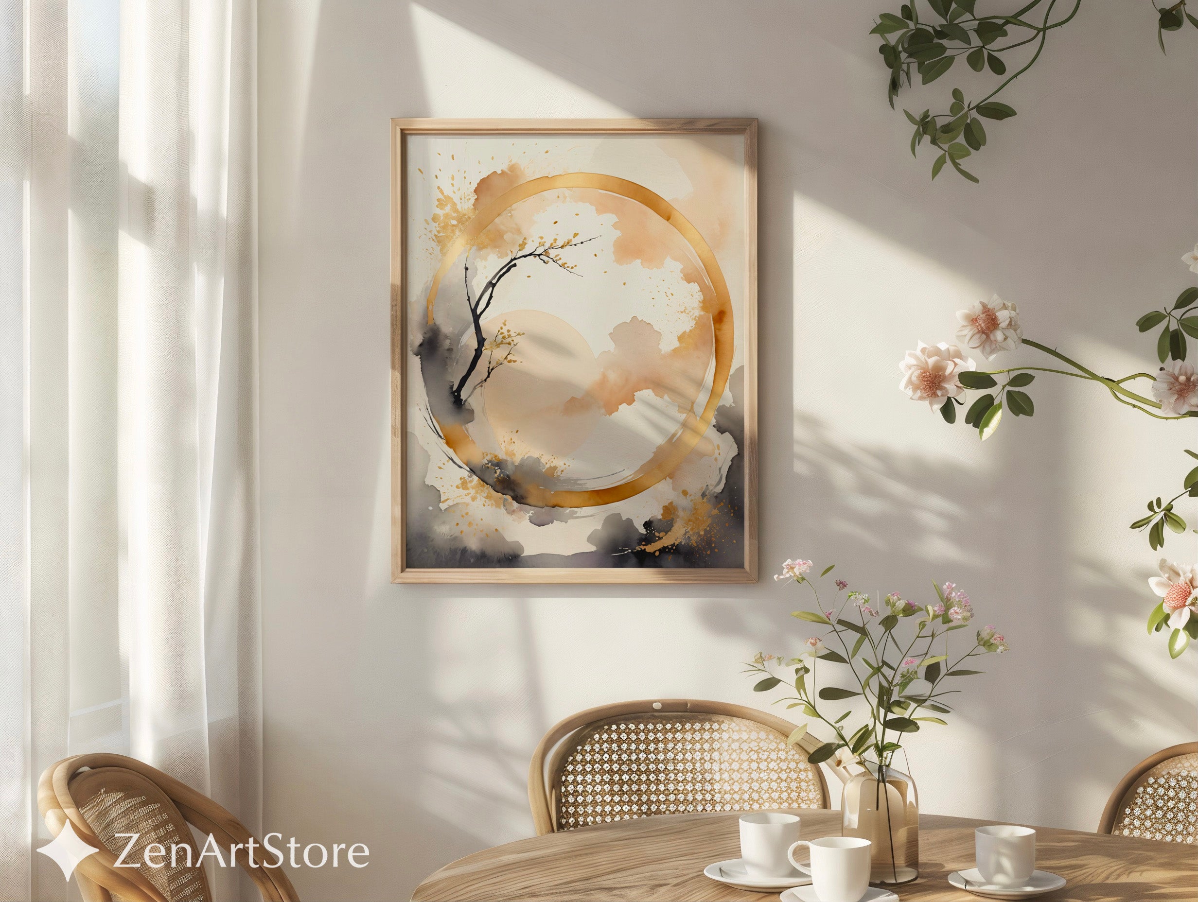 Abstract Zen Gold Circle Wall Art - Minimal Japandi Neutral Print Beige Black Botanical Landscape