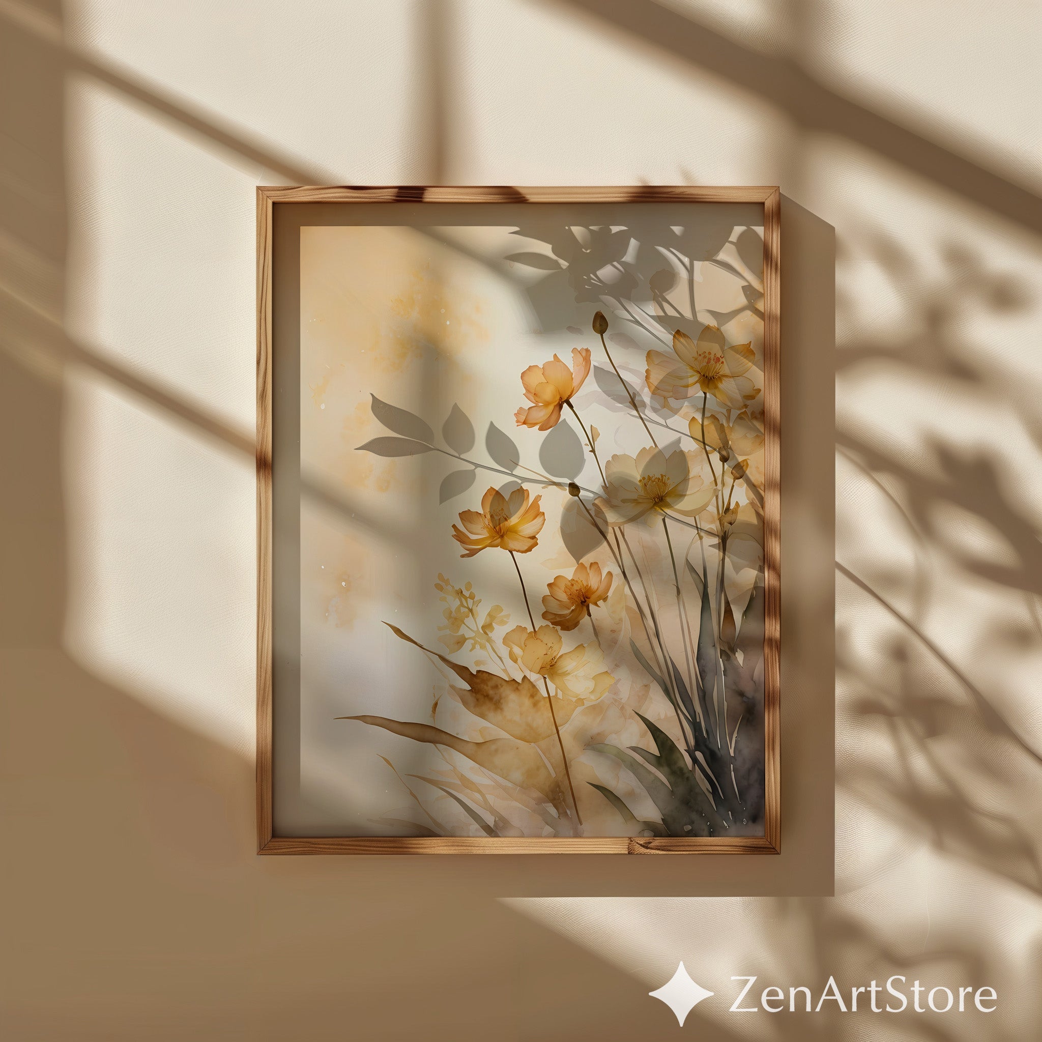 Beige Floral Watercolor Art Print • Neutral Botanical Wall Decor • Minimal Japandi Wabi Sabi Flower Illustration