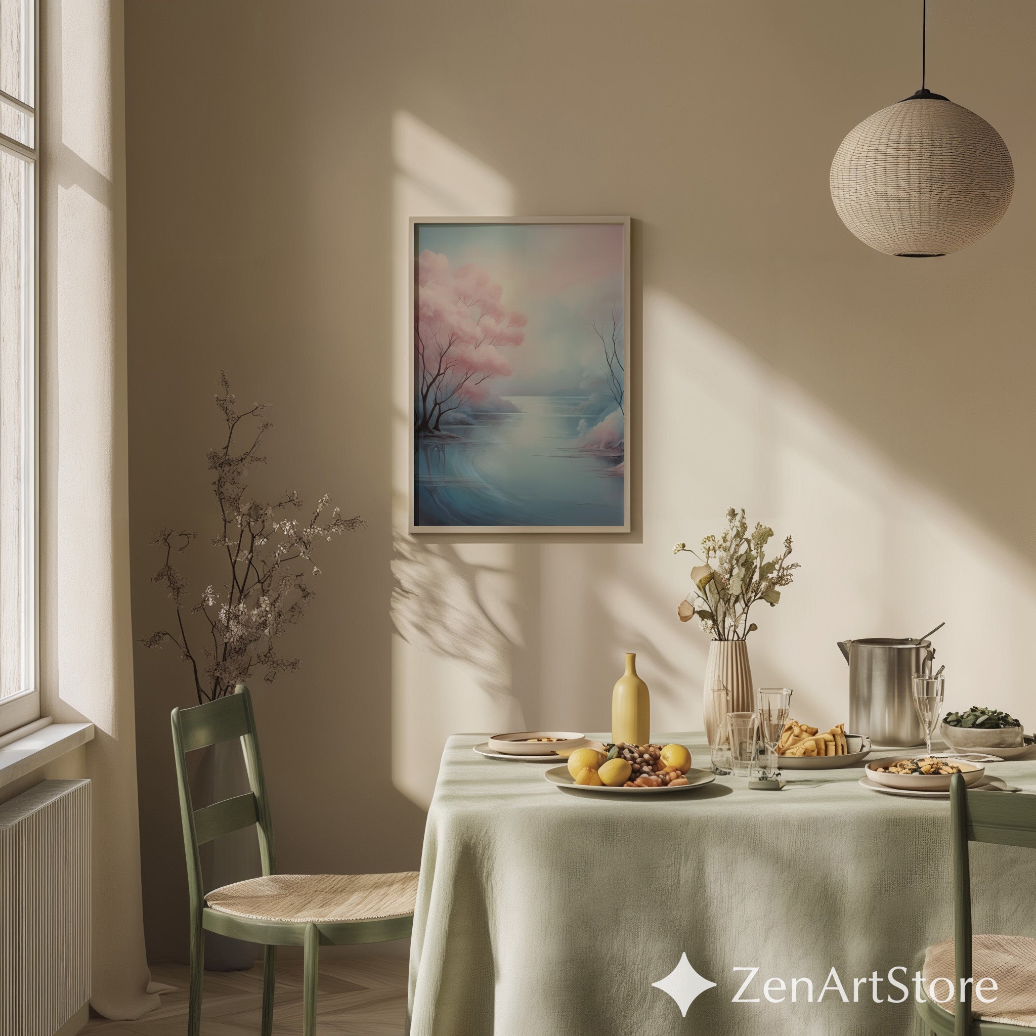 Serene Pastel Landscape Art Print - Pink Tree Lake Wall Art, Zen Minimal Japandi Home Decor