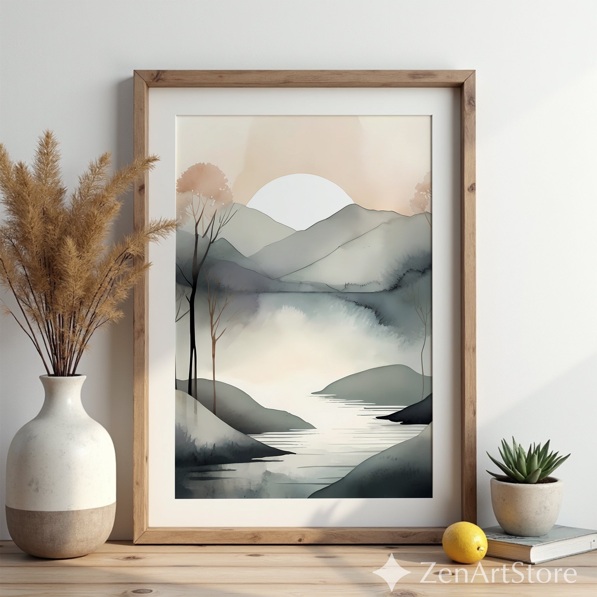 Serene Minimalist Landscape Wall Art - Neutral Watercolor Mountains & Lake - Japandi Wabi-Sabi Scandinavian Home Decor Print