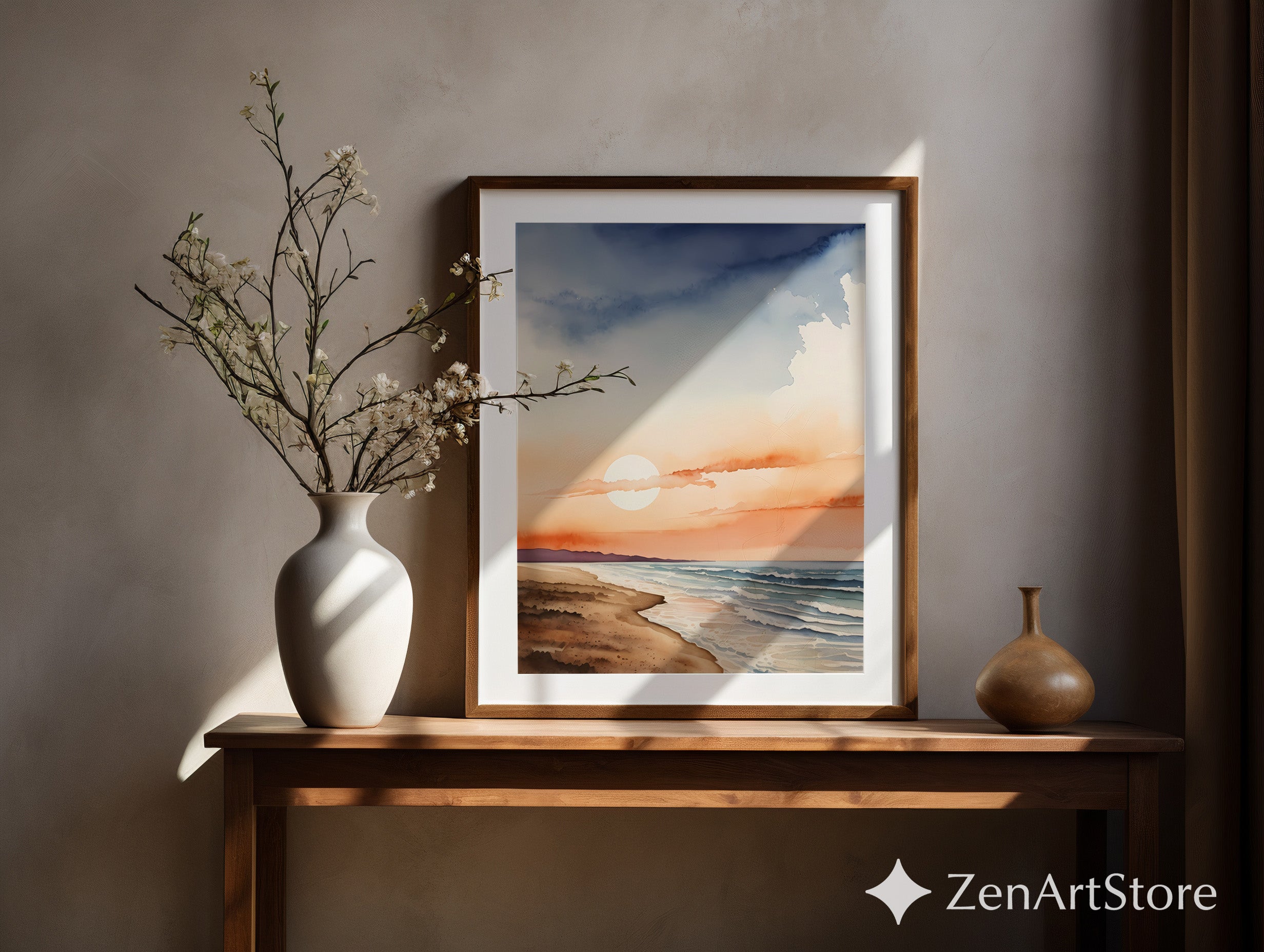 Sunset Beach Watercolor Print - Minimal Coastal Wall Art, Japandi Zen Seascape for Living Room, Neutral Modern Home Decor