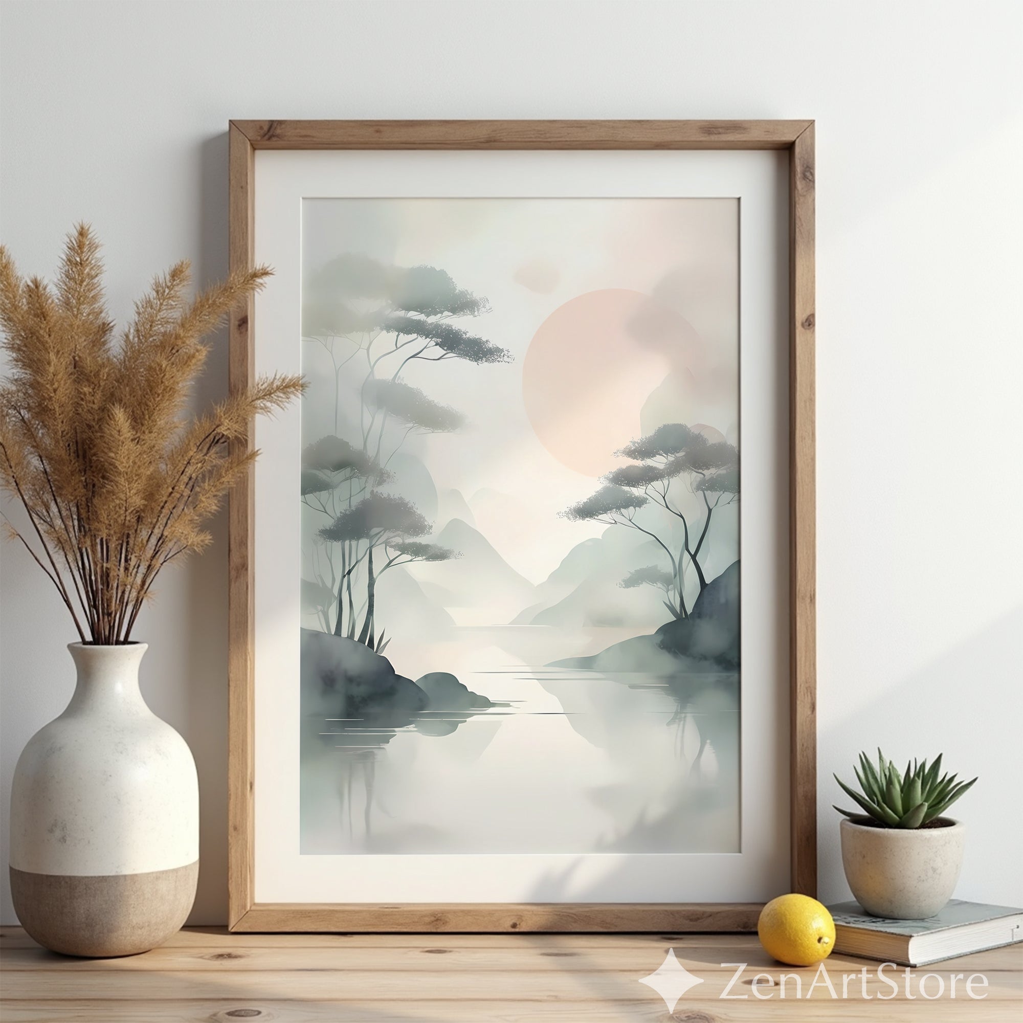 Misty Zen Landscape Print - Minimal Japandi Wall Art with Blush Sun and Tree Reflections - Wabi Sabi Neutral Home Decor