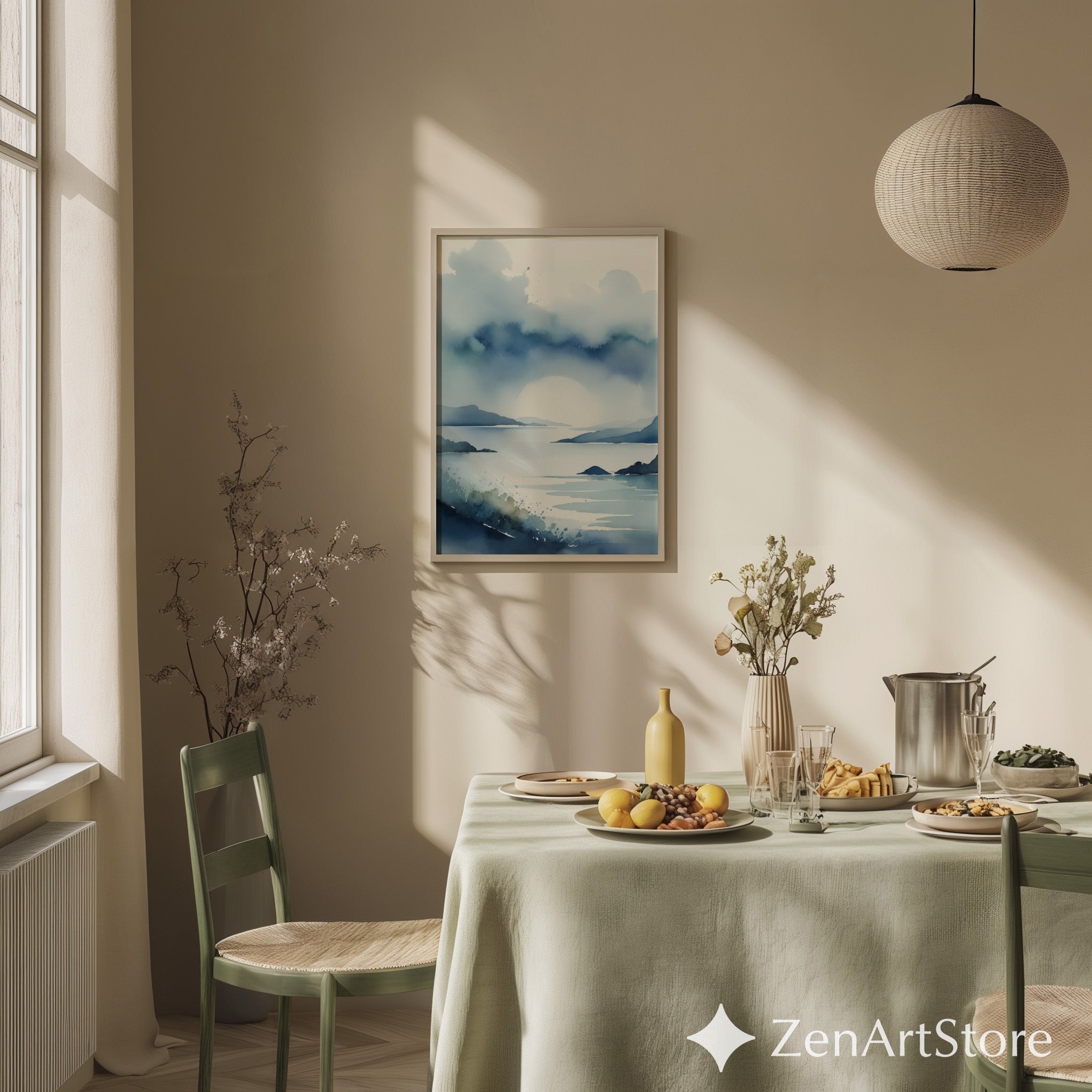 Serene Blue Coastal Watercolor Print – Minimal Seascape Wall Art for Bedroom, Living Room, Zen Japandi Home Decor