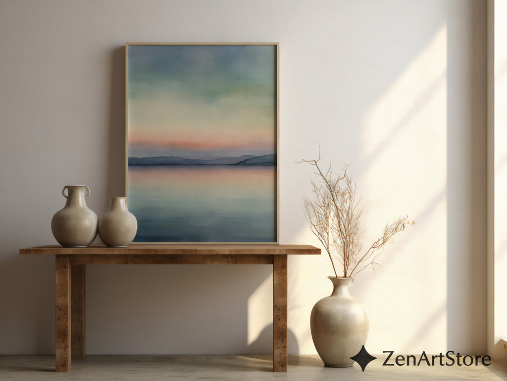 Serene Pastel Lake Sunset Minimal Landscape Art Print - Calm Japandi Wall Decor