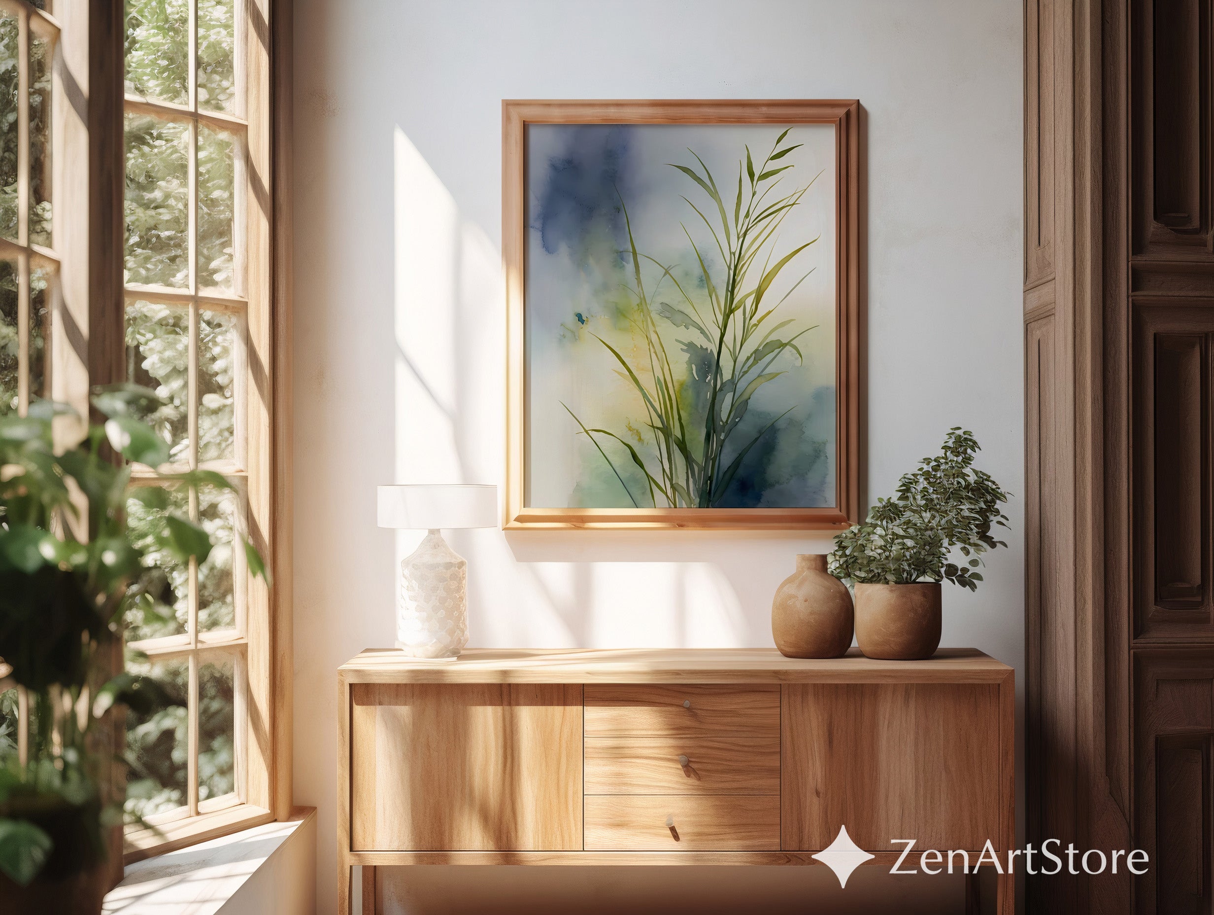 Watercolor Grass Botanical Print - Minimal Zen Plant Art for Japandi, Scandinavian & Boho Home Decor