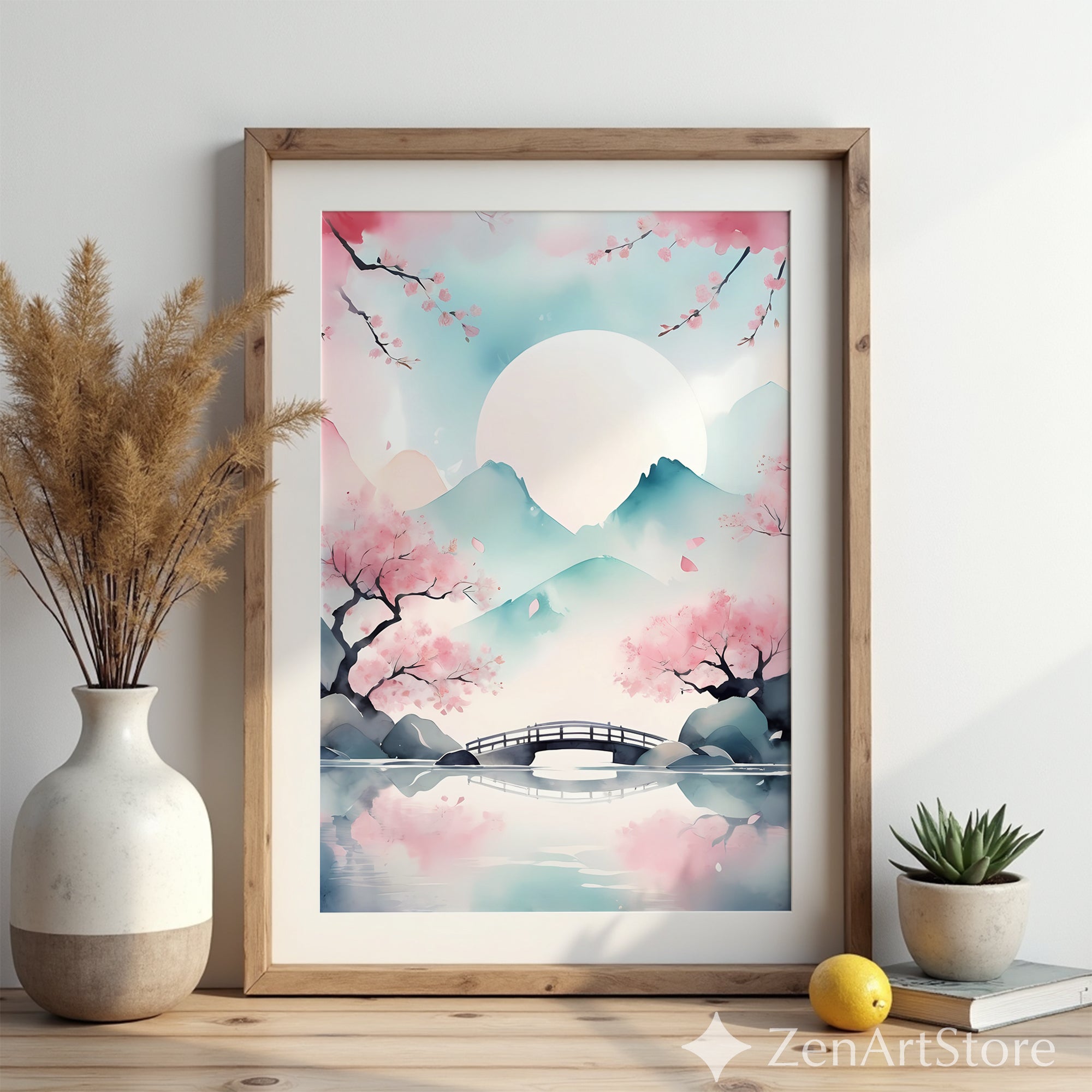 Sakura Moon Watercolor Print - Japanese Cherry Blossom Bridge Wall Art, Pastel Zen Landscape, Japandi Minimal Home Decor