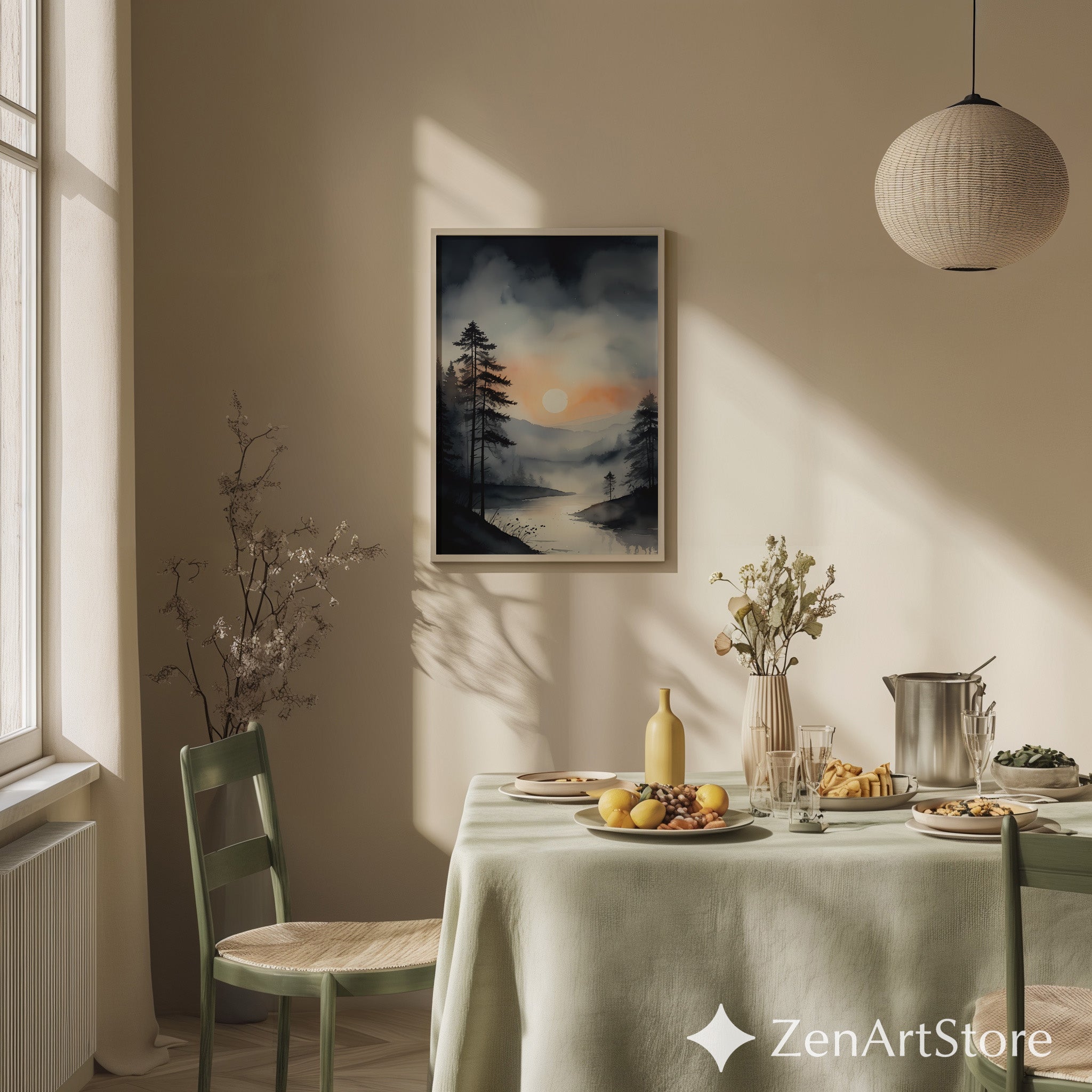 Misty Forest Sunrise Wall Art - Minimal Neutral Landscape Print, Japandi Wabi Sabi Lake Reflection for Living Room