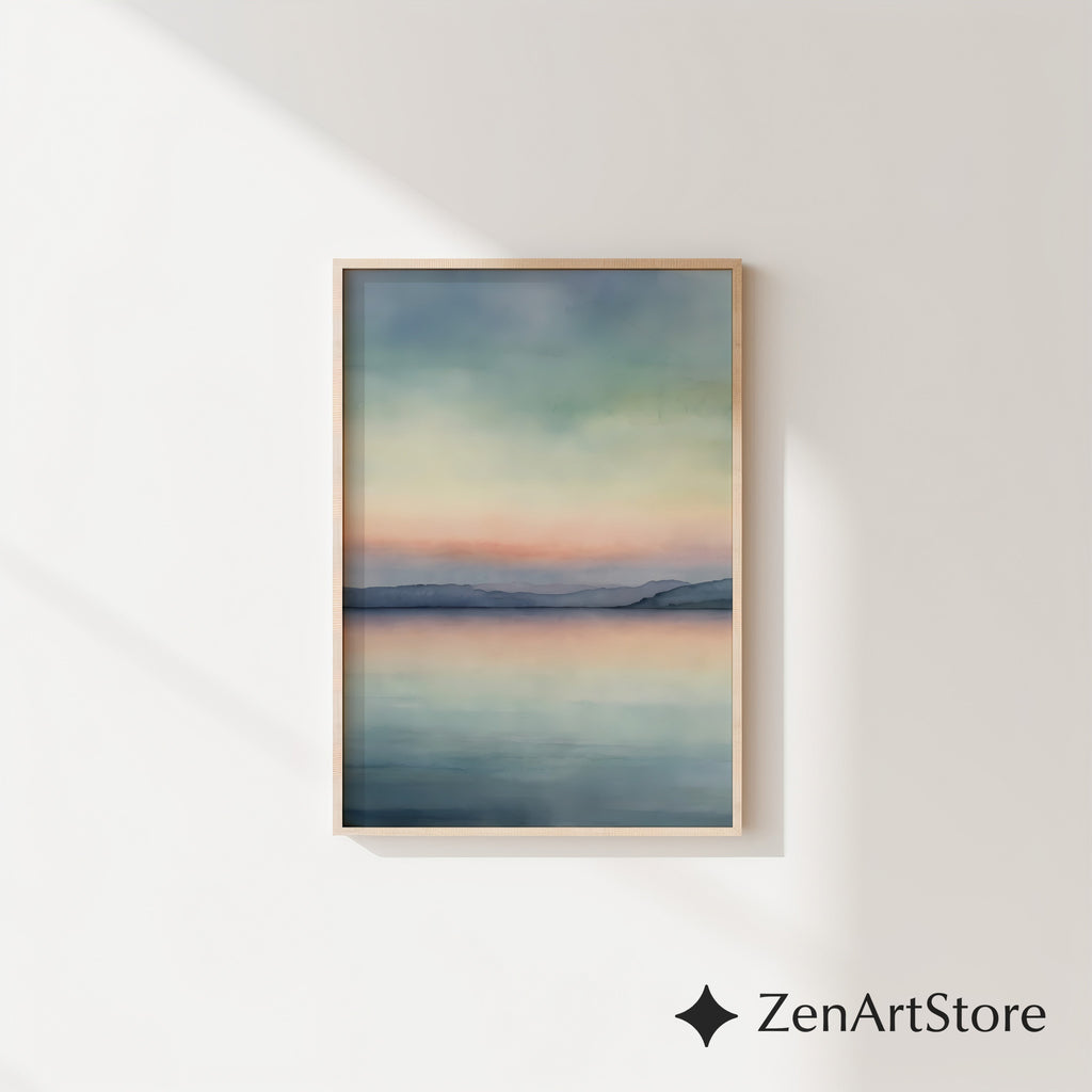 Serene Pastel Lake Sunset Minimal Landscape Art Print - Calm Japandi Wall Decor