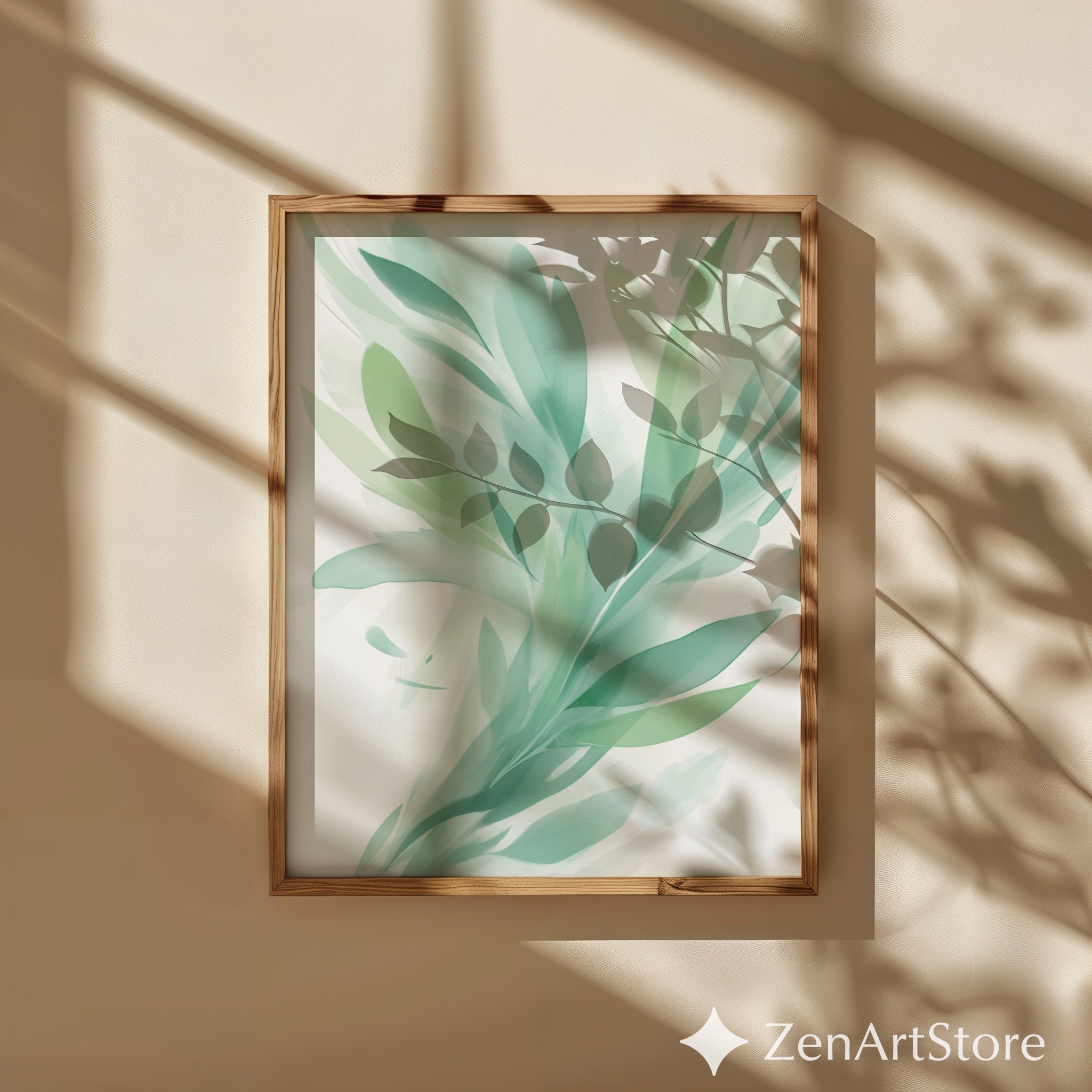 Serene Mint Botanical Art Print - Abstract Green Leaf Wall Art, Minimal Modern Home Decor, Zen Japandi Scandinavian Printable