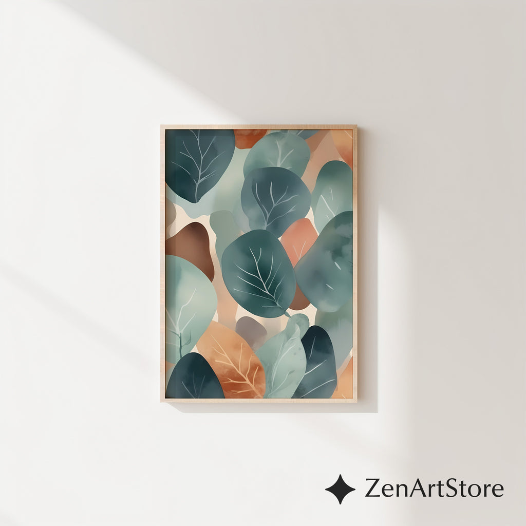 Abstract Botanical Leaf Art Print Teal & Terracotta Minimal Japandi Scandinavian Wall Decor