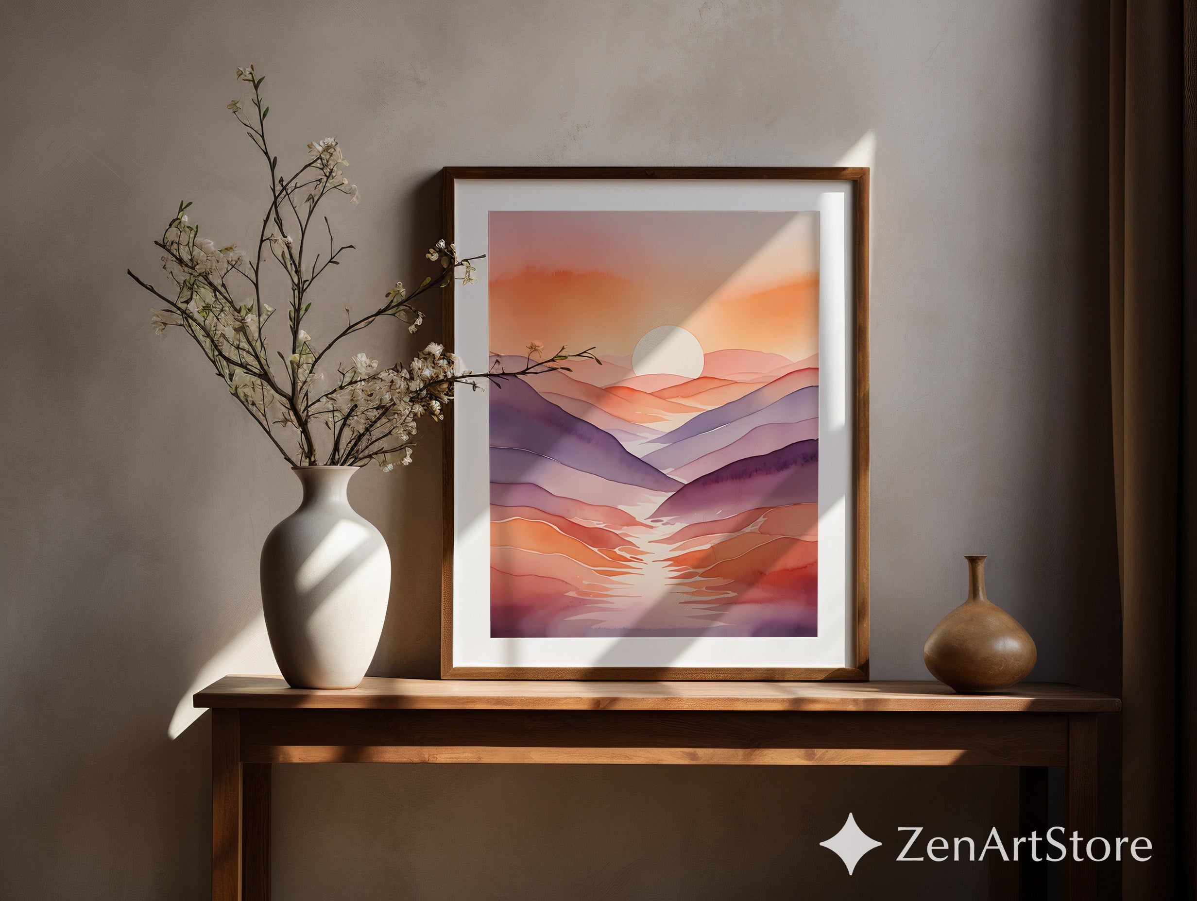 Sunset Mountain Watercolor Print – Minimal Abstract Landscape Wall Art Pink Orange Purple Japandi Boho Neutral Home Decor