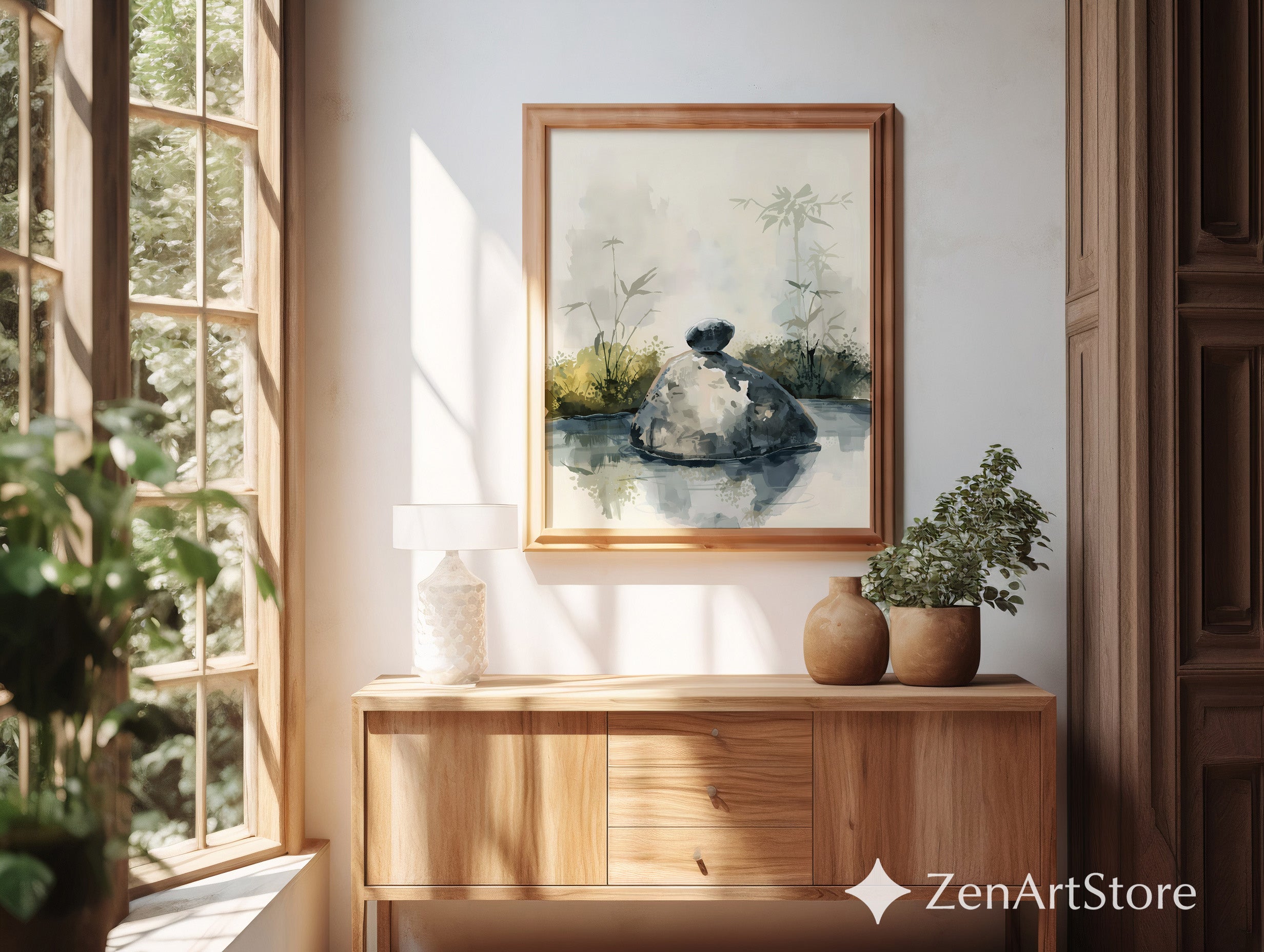 Zen Rock Watercolor Print Minimal Wabi Sabi Stone Art Japandi Neutral Wall Decor