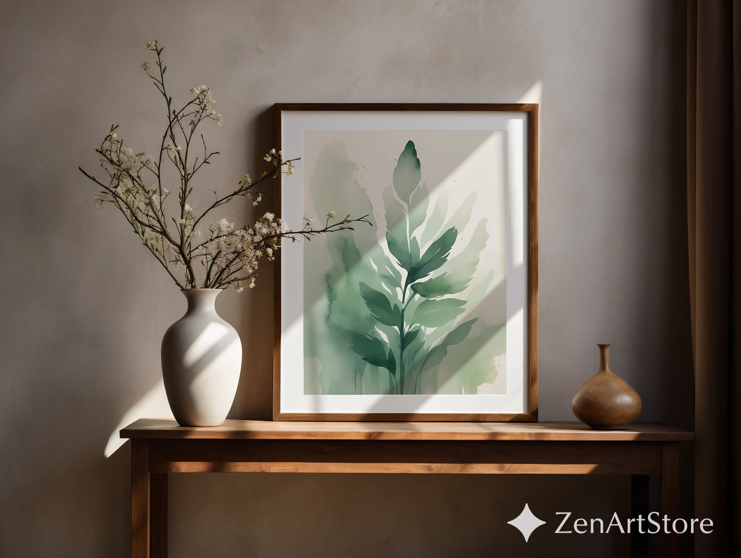 Sage Green Botanical Wall Art - Minimal Watercolor Leaf Print, Japandi Scandinavian Neutral Home Decor