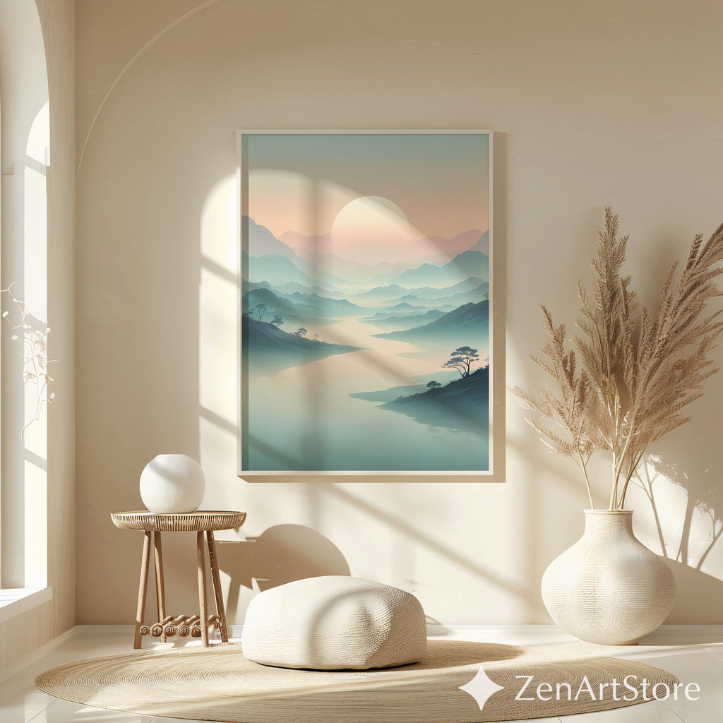 Misty Mountain Sunrise Wall Art - Minimal Zen Landscape Print, Japandi Pastel Sun Poster for Living Room