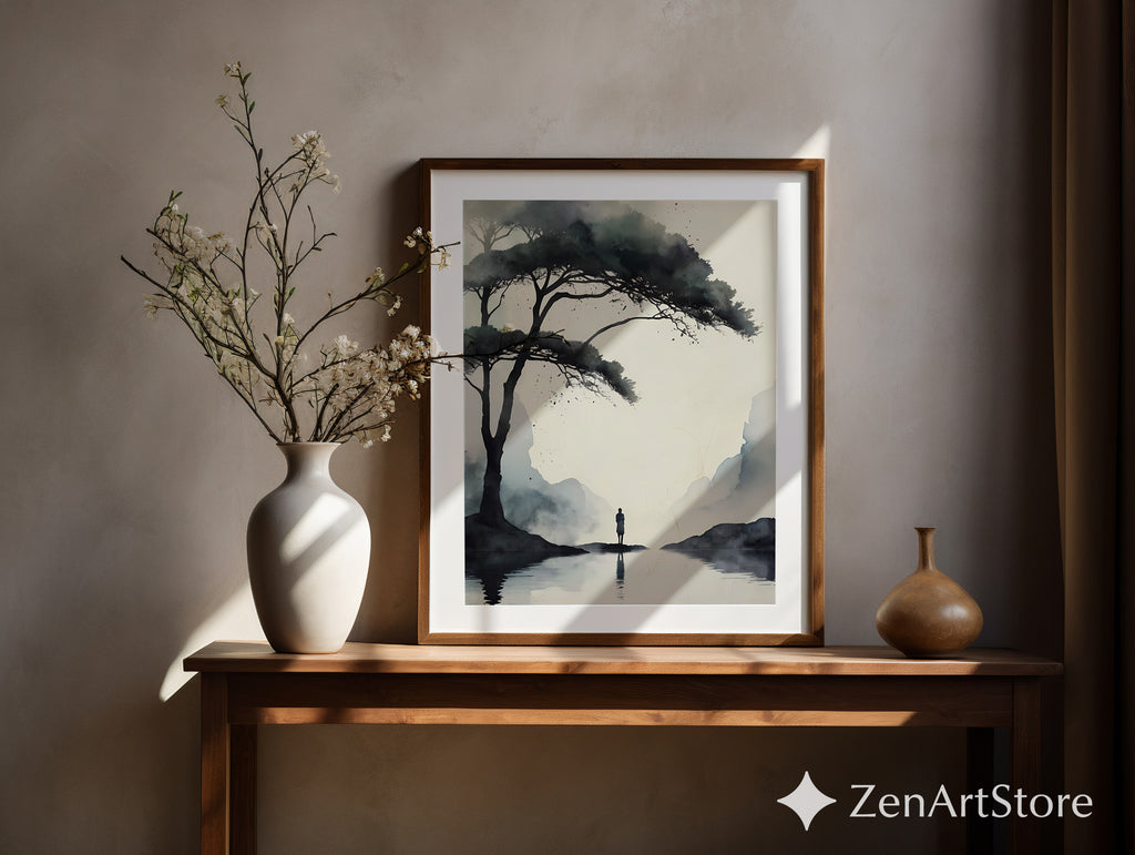 Misty Sumi-e Landscape Print - Zen Minimalist Tree & Solitary Figure Japandi Neutral Wall Art
