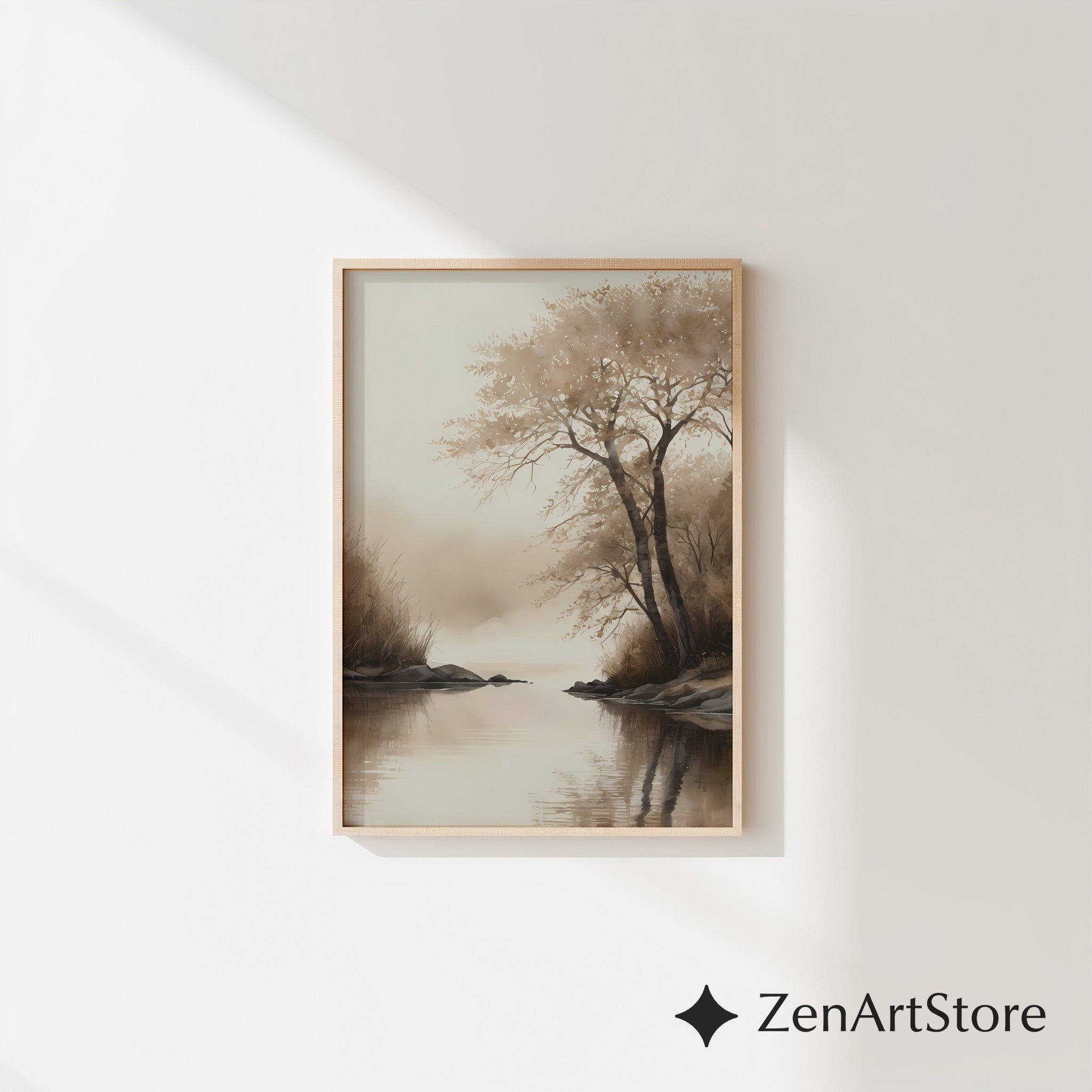 Serene Sepia Lake Landscape Print – Minimal Japandi Wabi Sabi Wall Art, Neutral Brown Beige Canvas or Digital Download