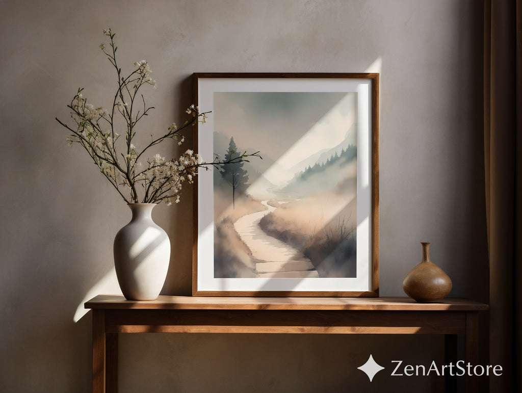Misty Valley Path Print — Neutral Minimal Landscape Art for Japandi, Wabi Sabi Home Decor