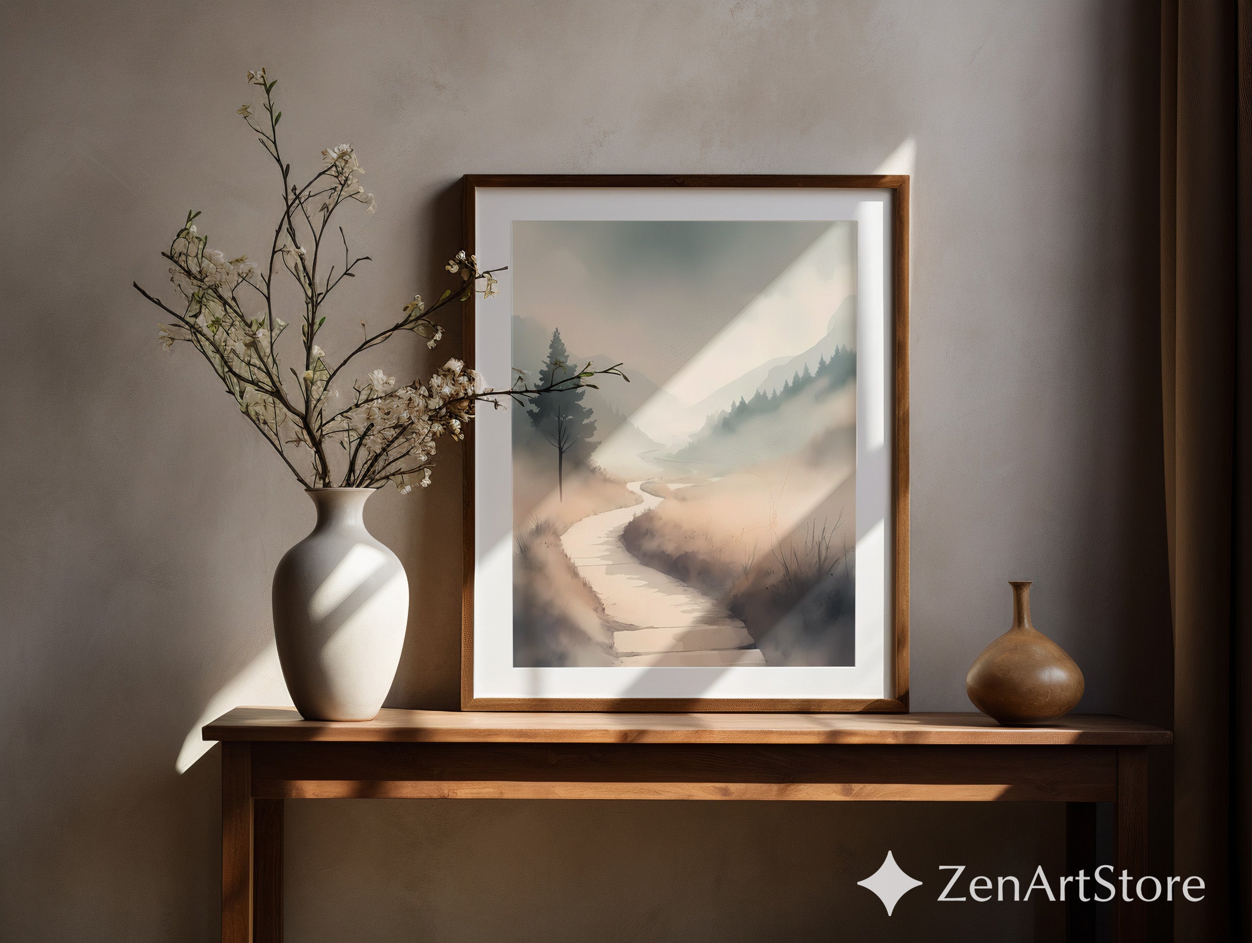 Misty Valley Path Print — Neutral Minimal Landscape Art for Japandi, Wabi Sabi Home Decor