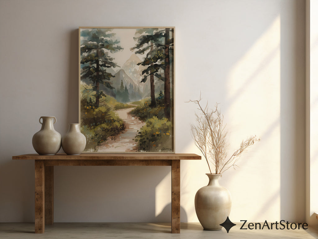 Misty Mountain Path Landscape Art Print - Calm Neutral Forest Painting for Living Room, Bedroom or Cabin Decor