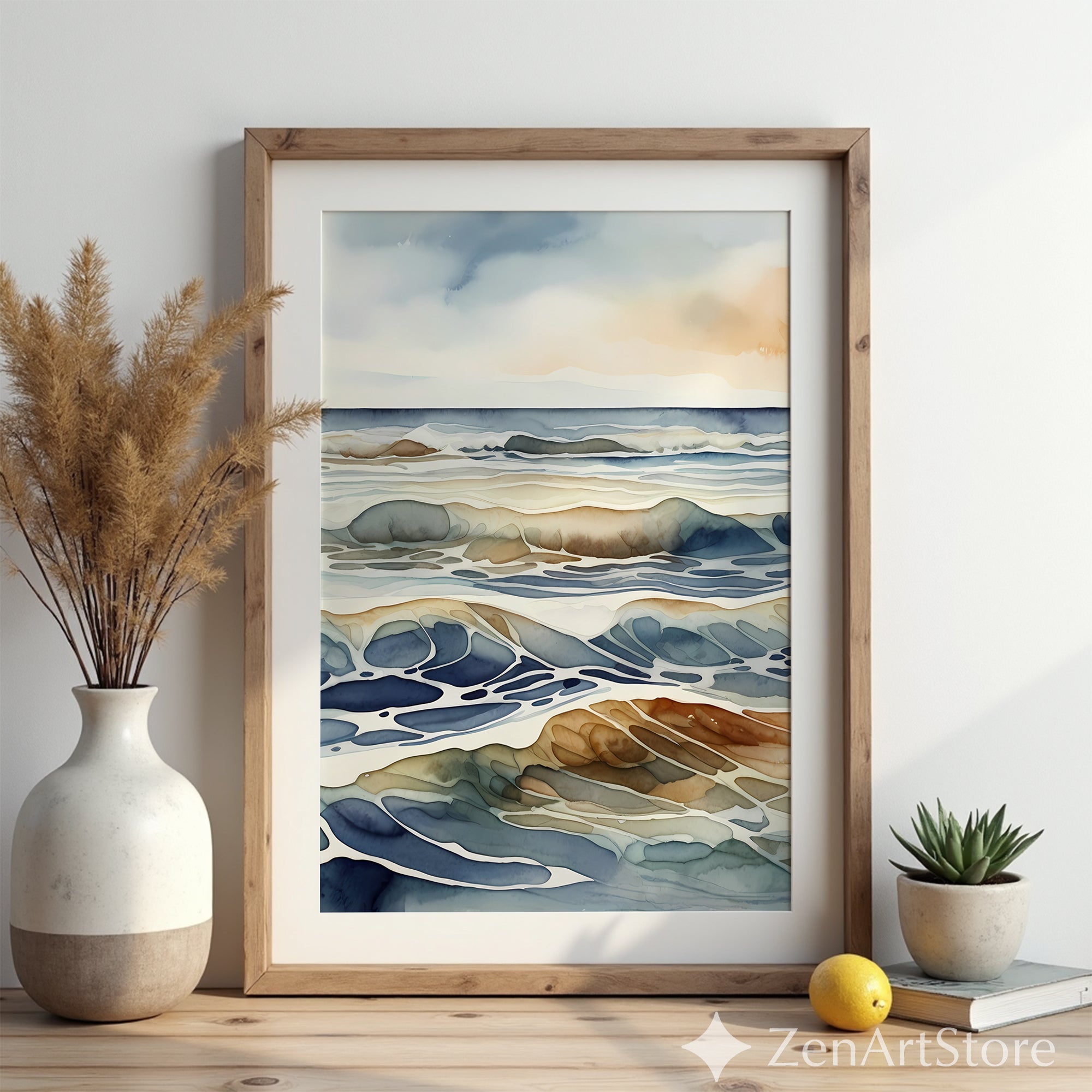Abstract Ocean Watercolor Print - Calm Coastal Wall Art, Japandi Minimal Waves, Neutral Blue Beige Beach Decor