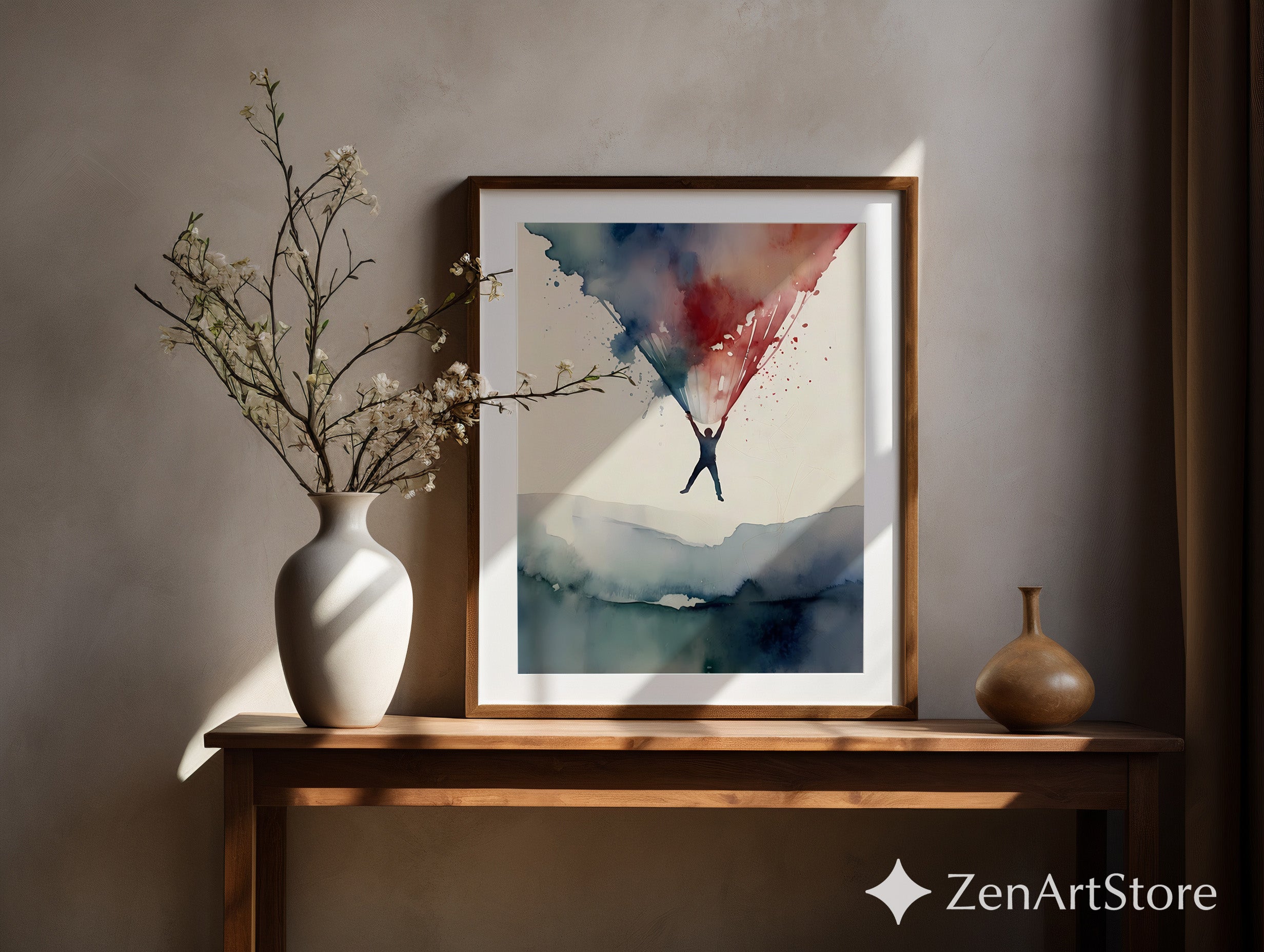 Abstract Watercolor Print - Suspended Figure with Blue & Red Splash, Minimal Modern Wall Art for Living Room Zen Decor