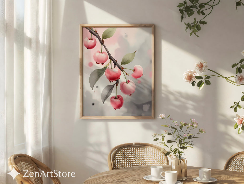 Pink Cherry Art Print Minimal Botanical Wall Art Pastel Fruit Poster for Kitchen Nursery Japandi Scandinavian Home Decor