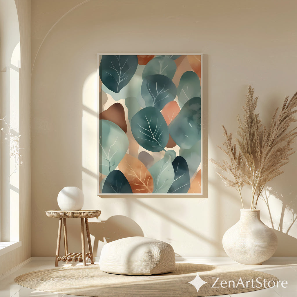 Abstract Botanical Leaf Art Print Teal & Terracotta Minimal Japandi Scandinavian Wall Decor