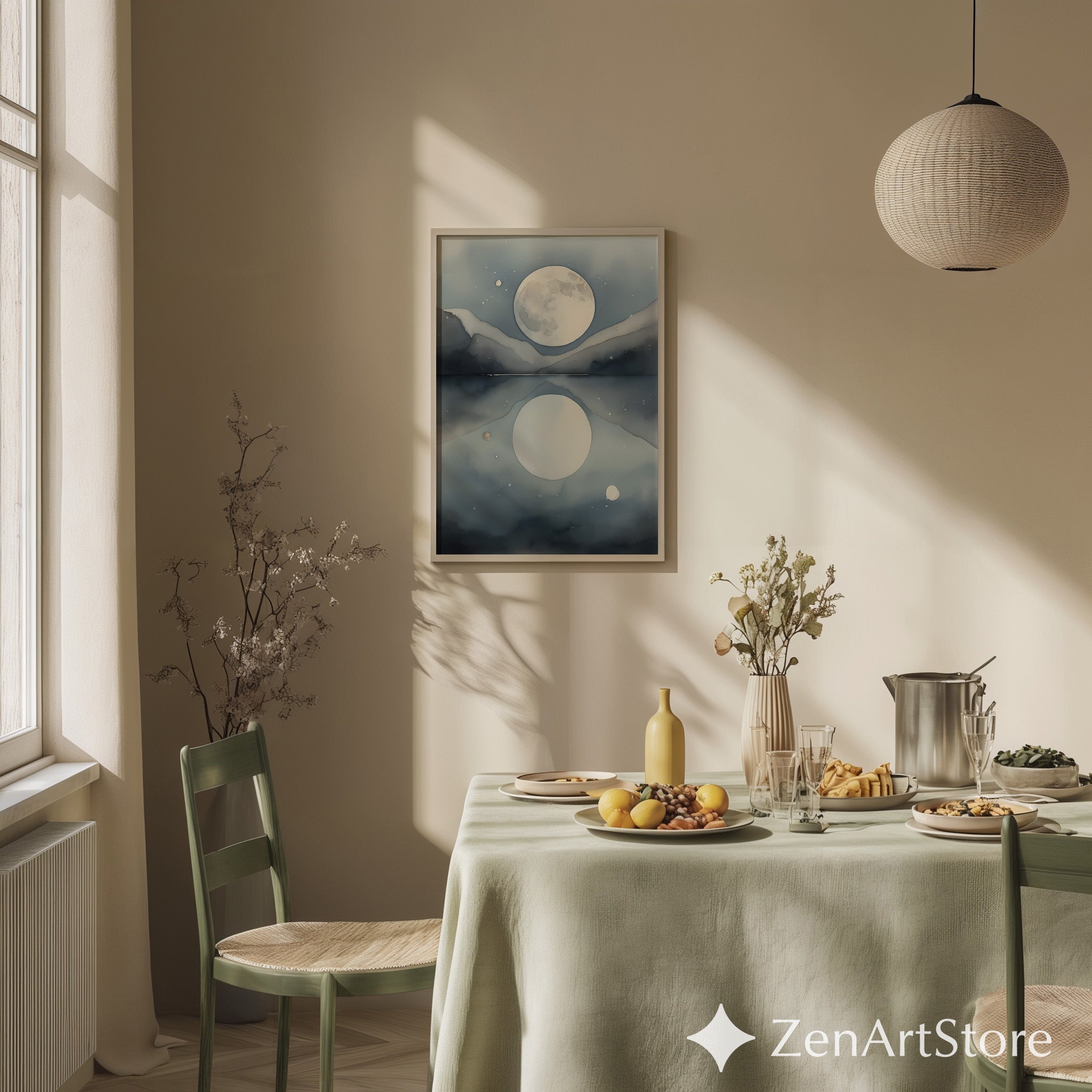 Moon Reflection Art Print - Minimal Blue Grey Landscape Wall Art for Living Room, Japandi & Scandinavian Home Decor