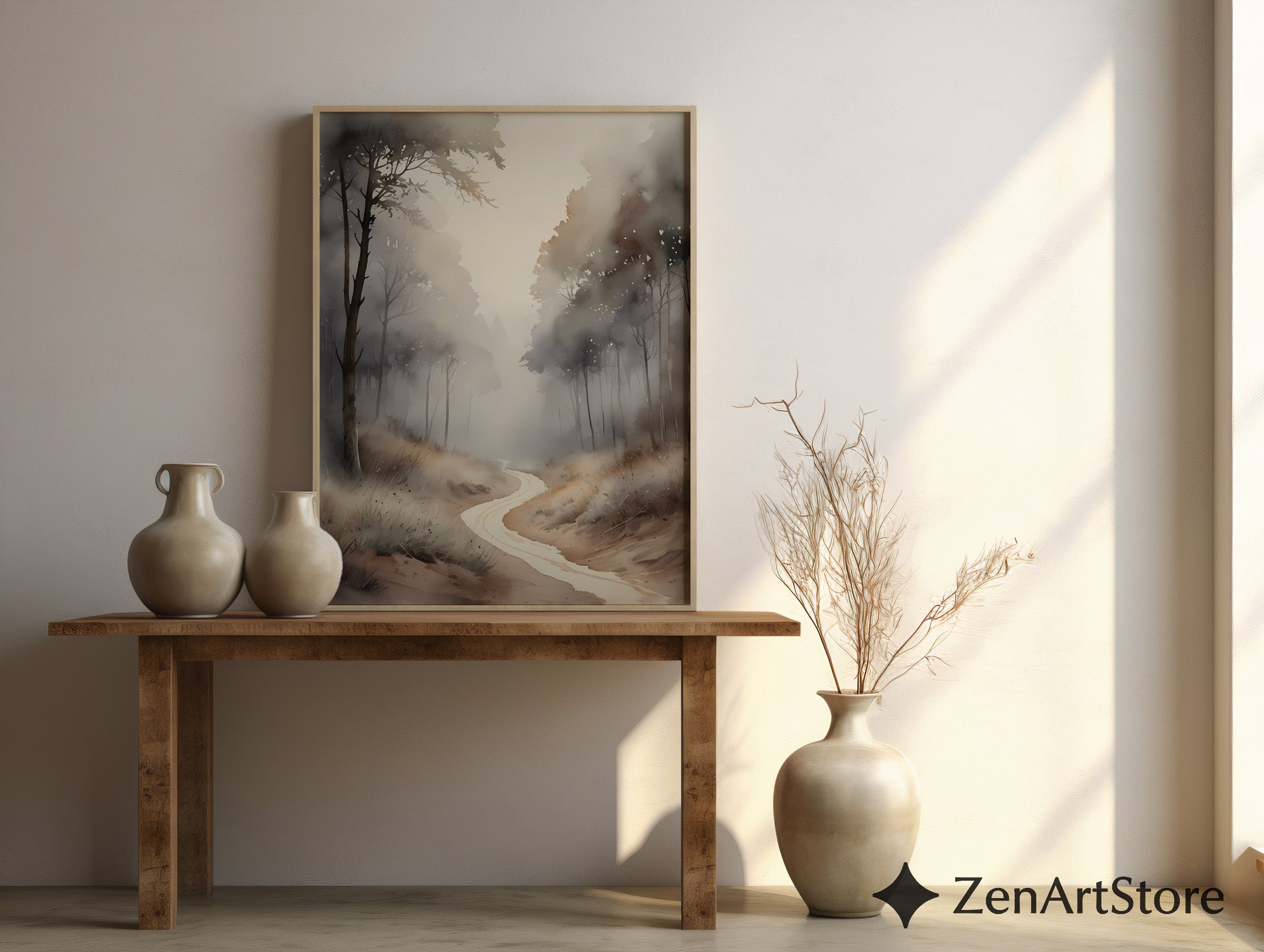 Misty Forest Path Neutral Wall Art Print - Japandi Wabi-Sabi Minimal Landscape for Living Room, Bedroom, Office