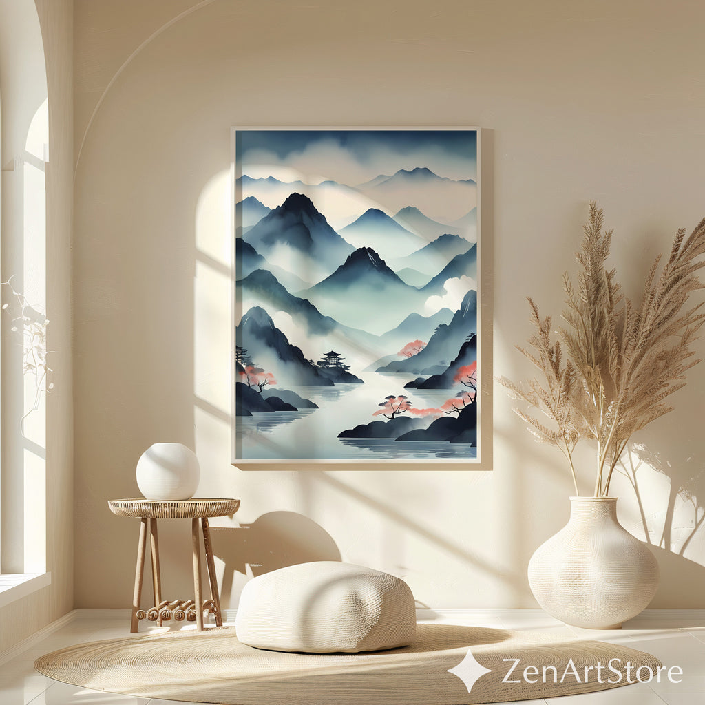 Misty Mountain Japanese Landscape Print - Zen Japandi Watercolor Wall Art for Living Room