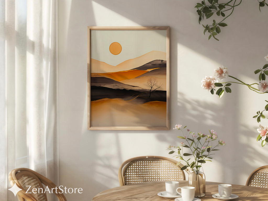 Minimal Abstract Desert Landscape Print - Warm Beige Ochre Modern Wall Art for Living Room, Japandi Scandi Canvas or Digital Download