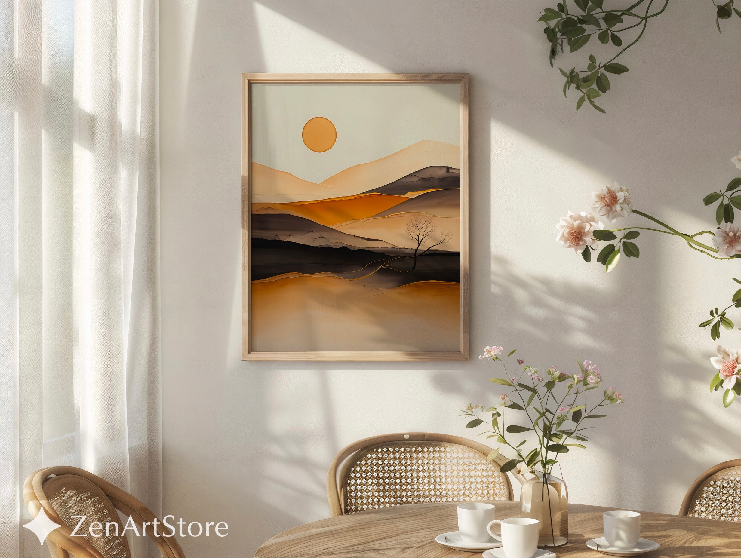Minimal Abstract Desert Landscape Print - Warm Beige Ochre Modern Wall Art for Living Room, Japandi Scandi Canvas or Digital Download